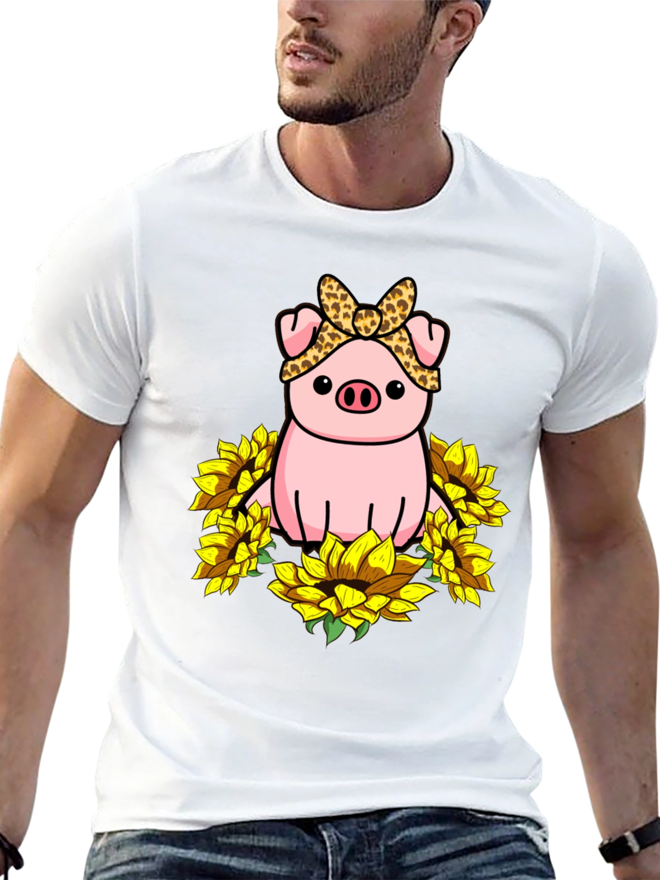Cute Pig Sunflower Graphic T-Shirt