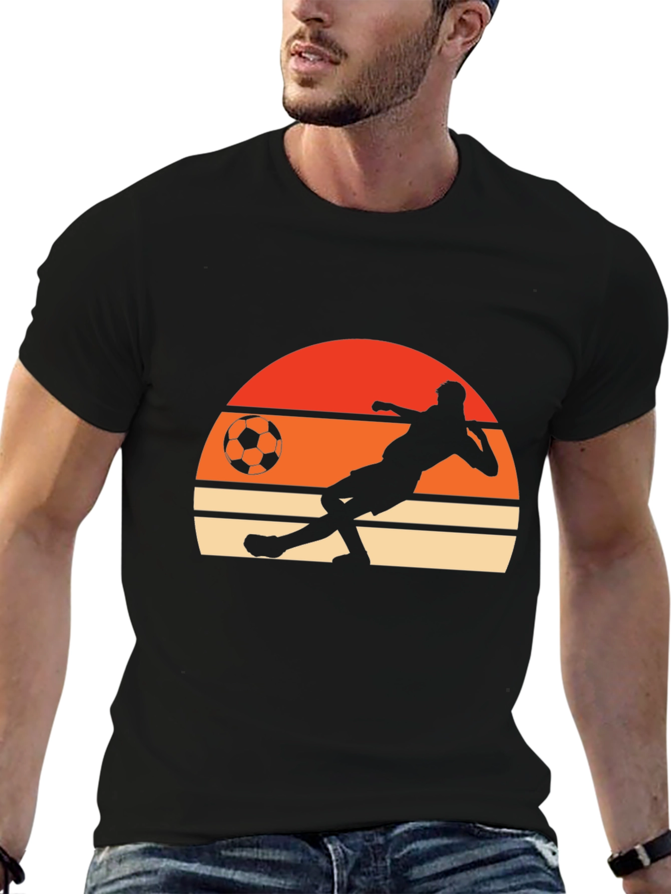 Retro Soccer Player Graphic Tee - Black Cotton T-Shirt