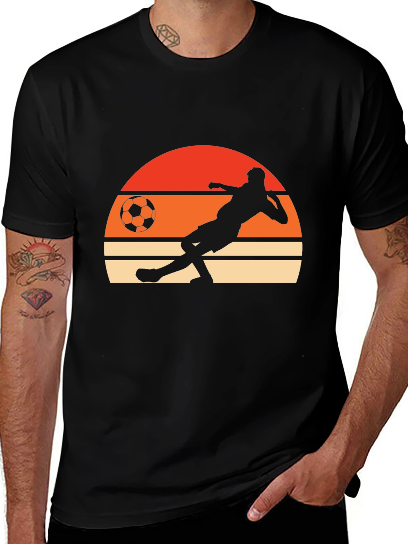 Retro Soccer Player Graphic Tee - Black Cotton T-Shirt