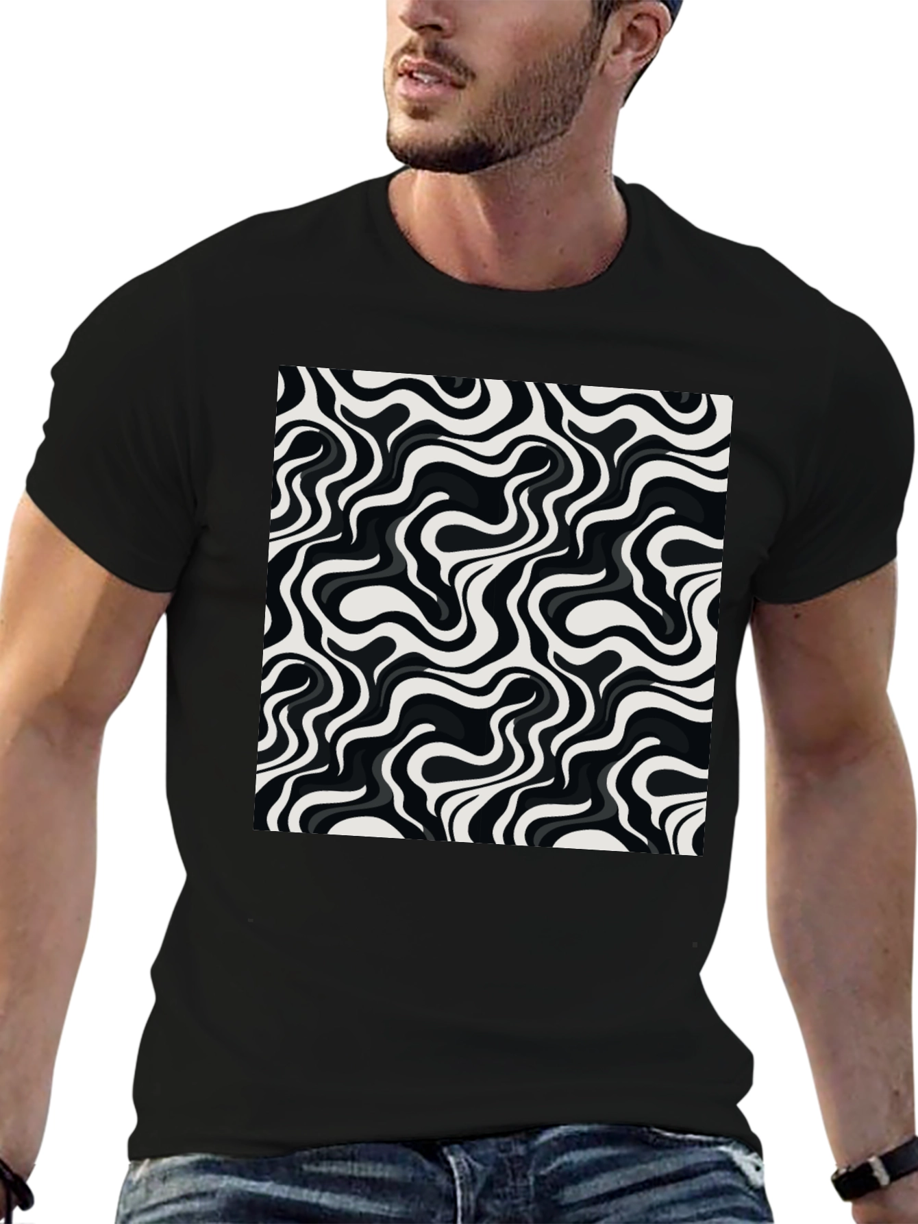Abstract Wave Pattern Mens Graphic Tee - Black