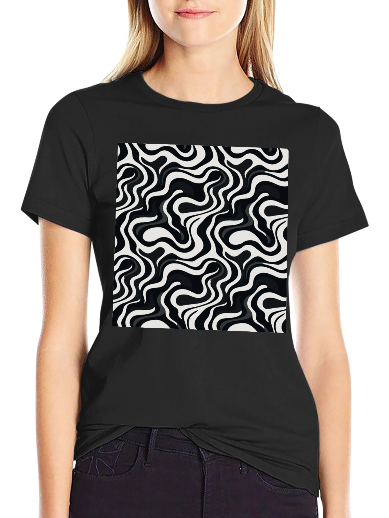 Abstract Wave Pattern Mens Graphic Tee - Black