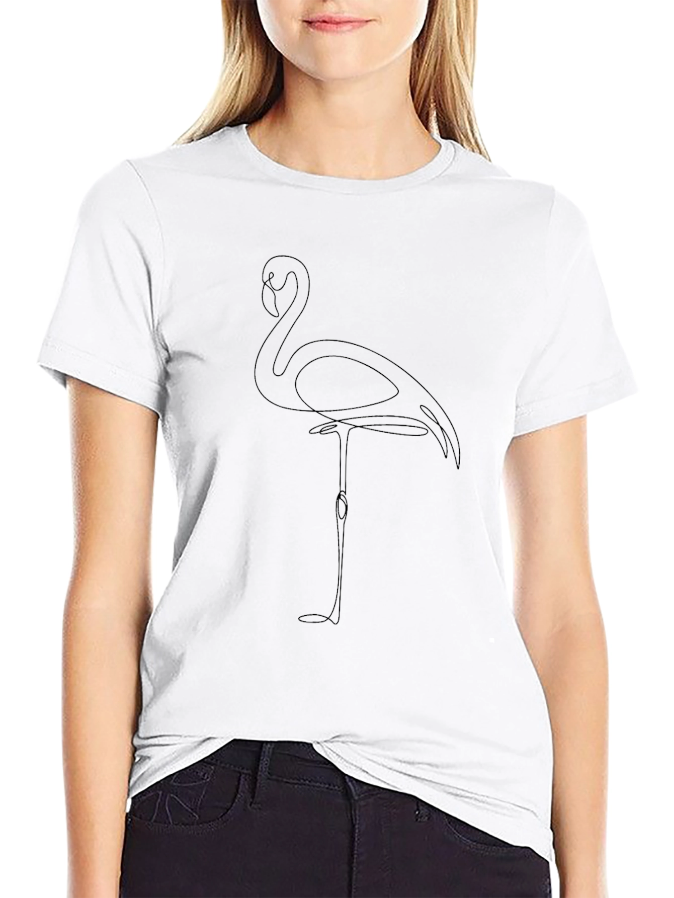 Minimalist Flamingo Line Art T-Shirt - Black