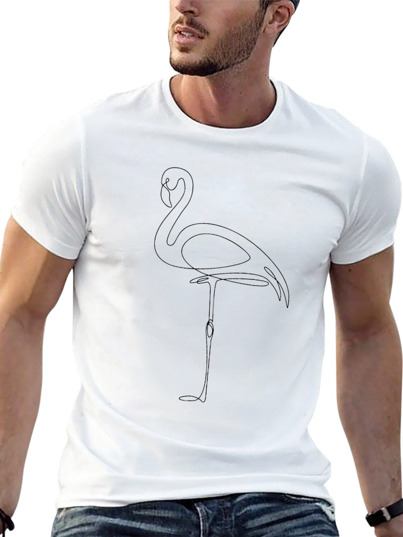Minimalist Flamingo Line Art T-Shirt - Black