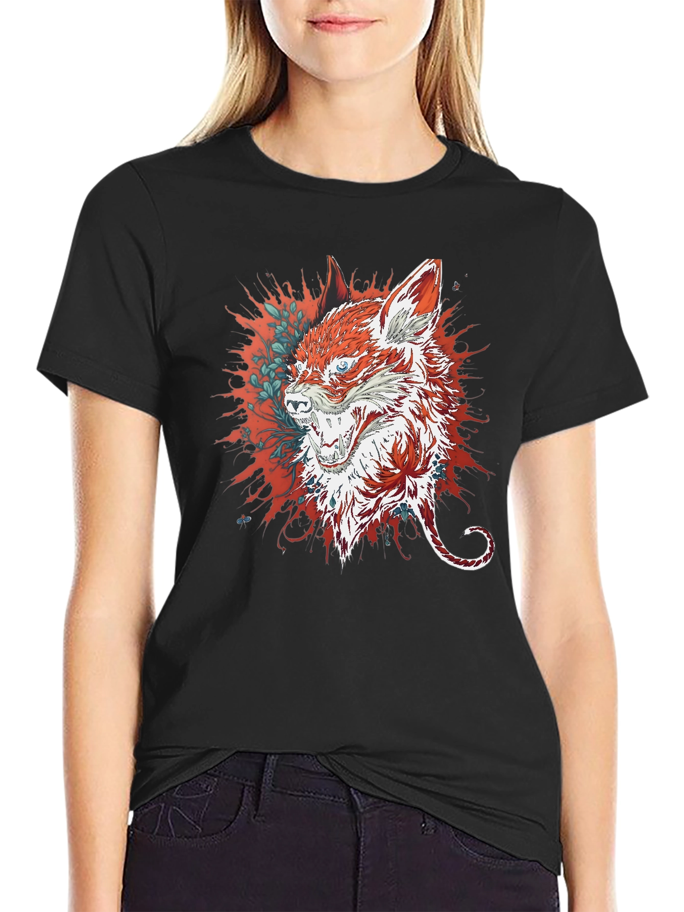 Mens Black T-Shirt with Fox Graphic