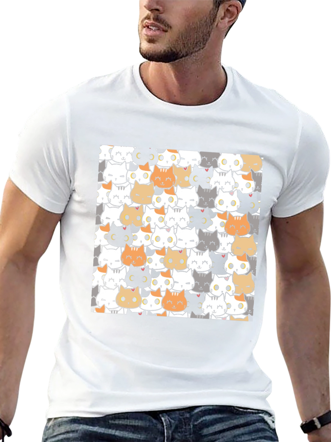 Cute Cartoon Cat Print Black T-Shirt