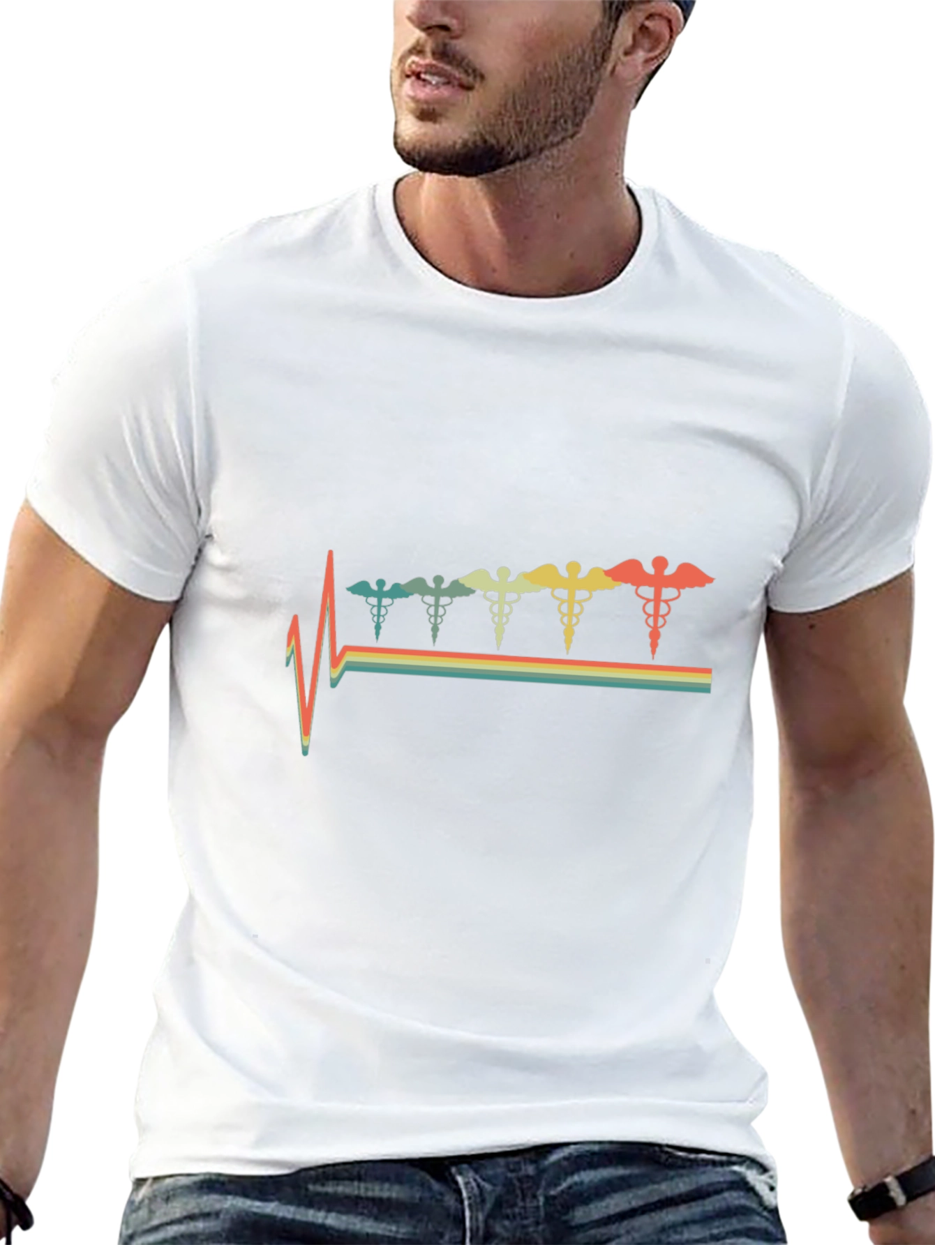 Retro Caduceus Heartbeat T-Shirt - Black