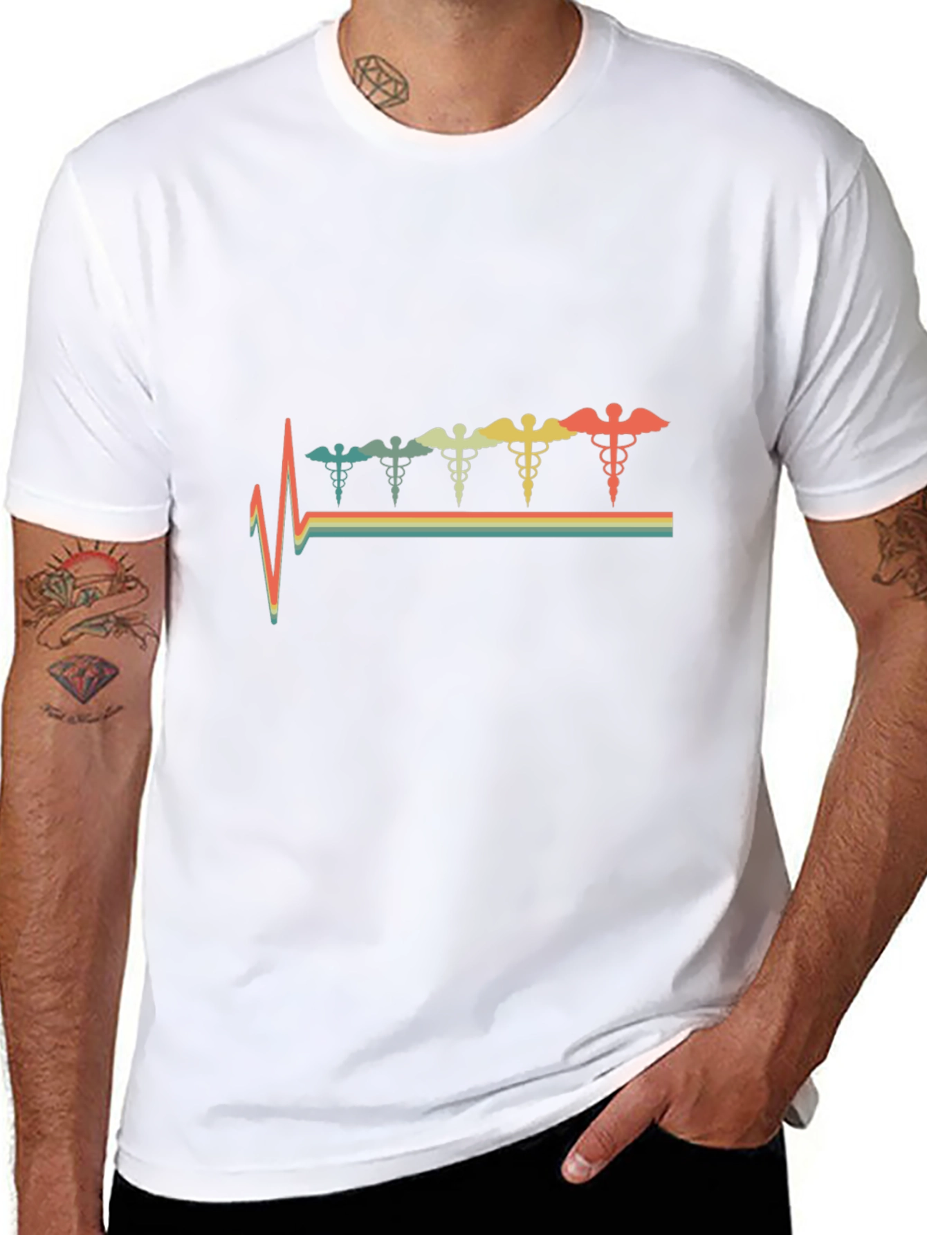 Retro Caduceus Heartbeat T-Shirt - Black