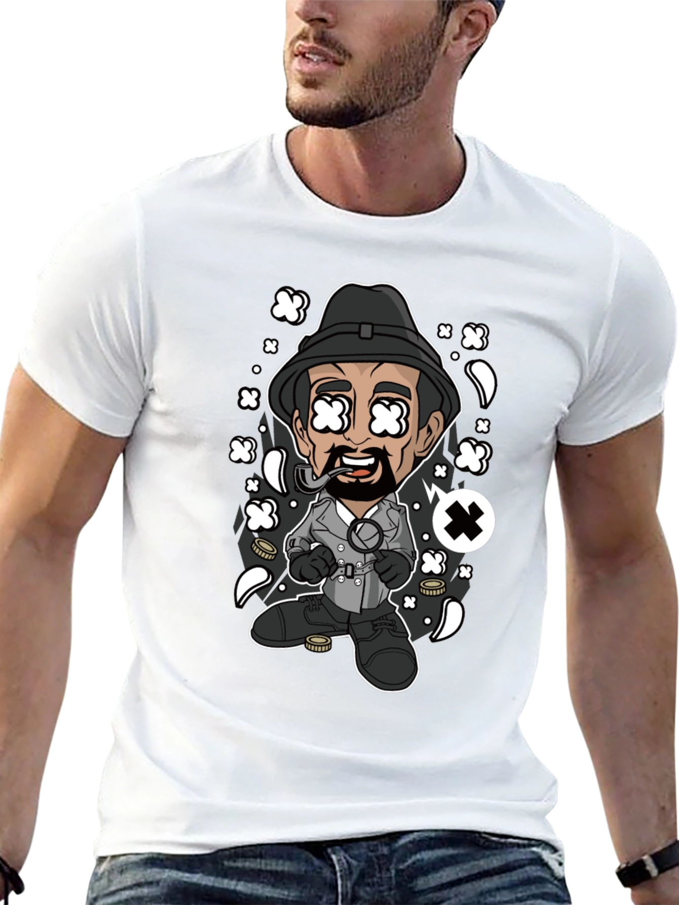 Cartoon Detective Graphic Black T-Shirt