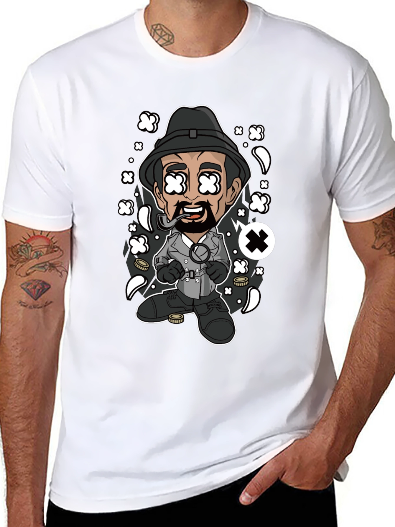 Cartoon Detective Graphic Black T-Shirt