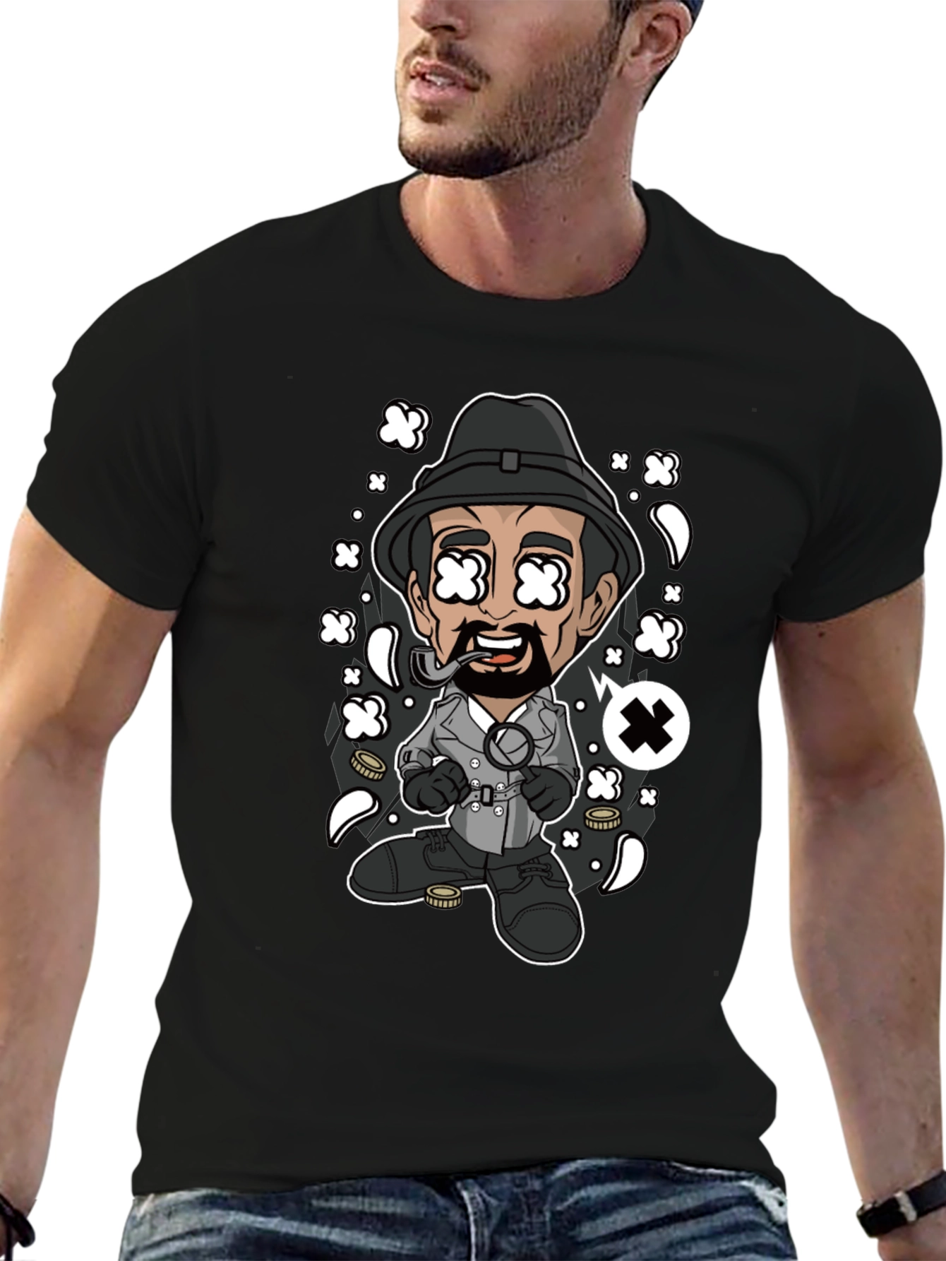 Cartoon Detective Graphic Black T-Shirt