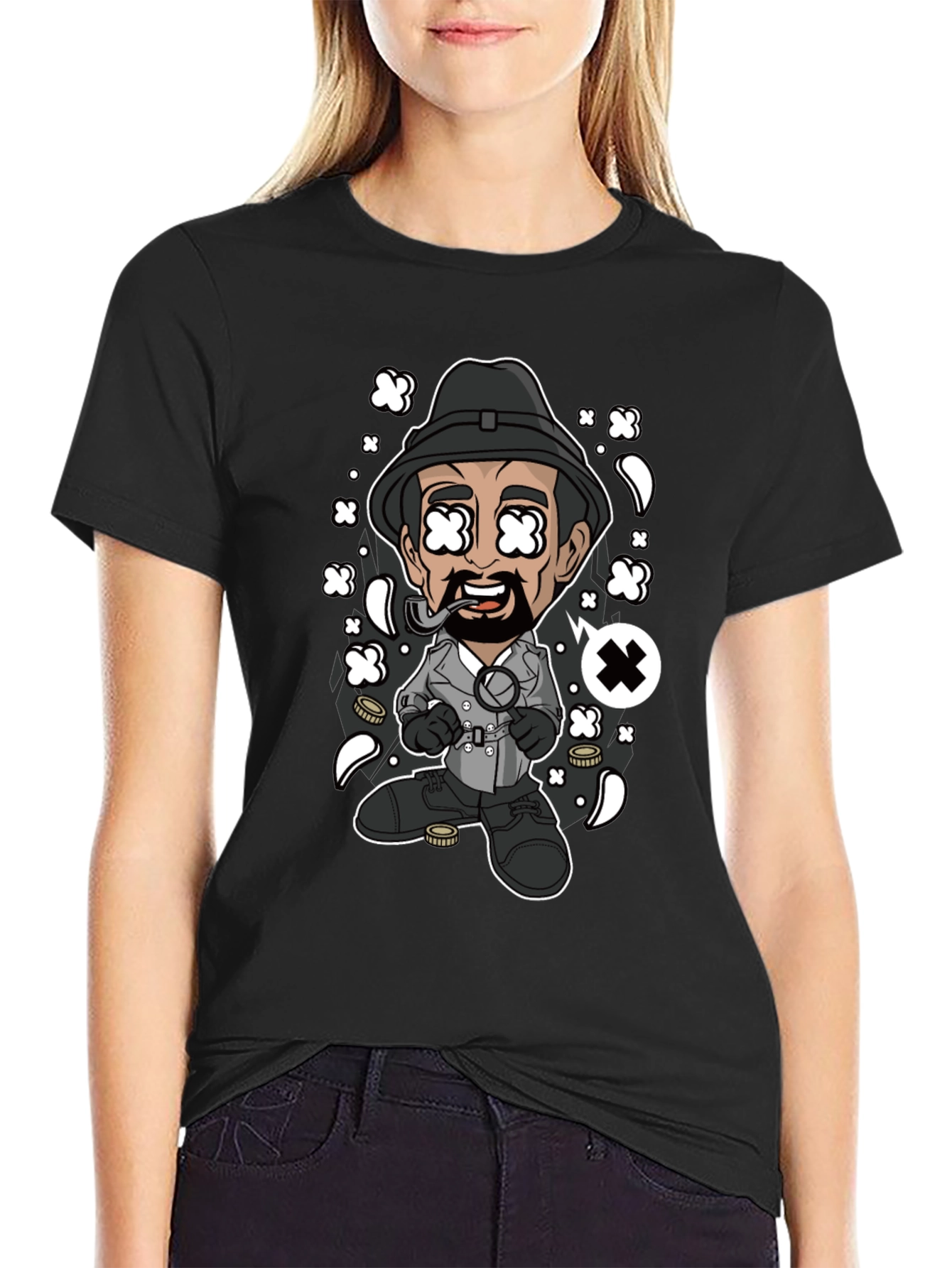 Cartoon Detective Graphic Black T-Shirt