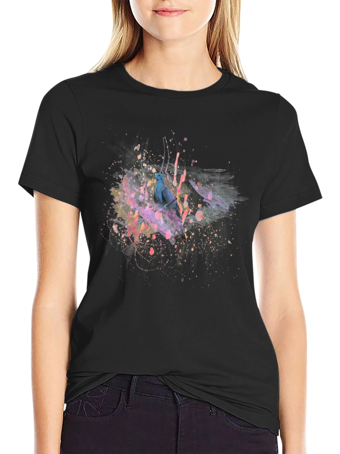 Abstract Bird Print Black T-Shirt