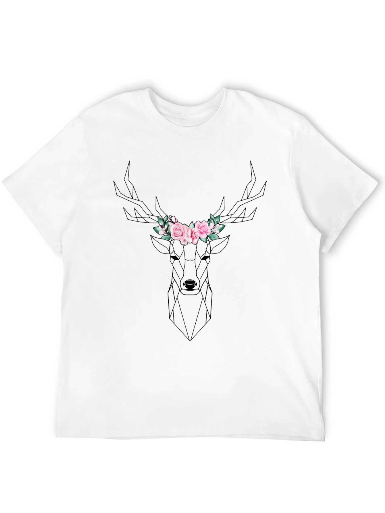 Geometric Deer Floral Crown Black T-Shirt