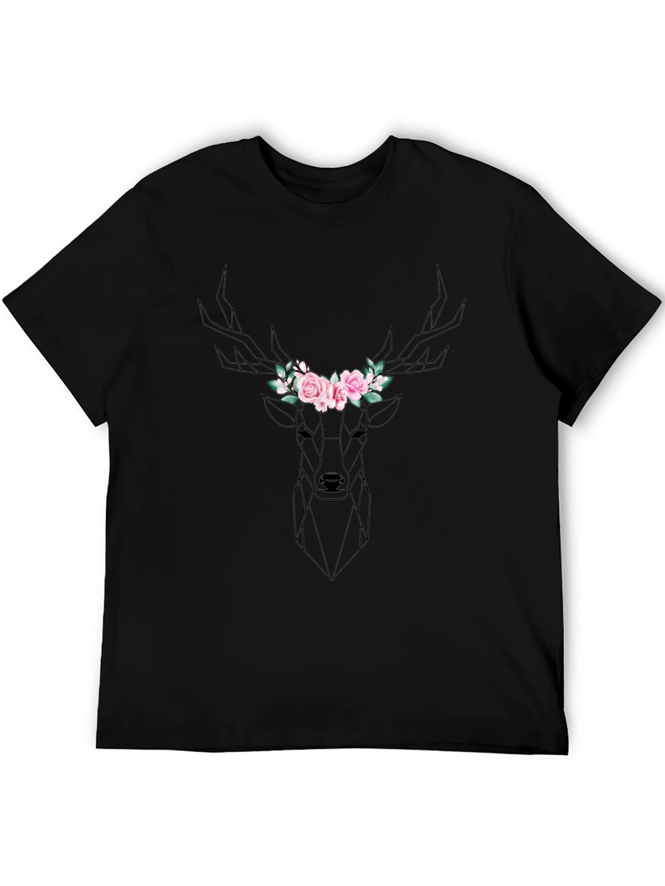 Geometric Deer Floral Crown Black T-Shirt
