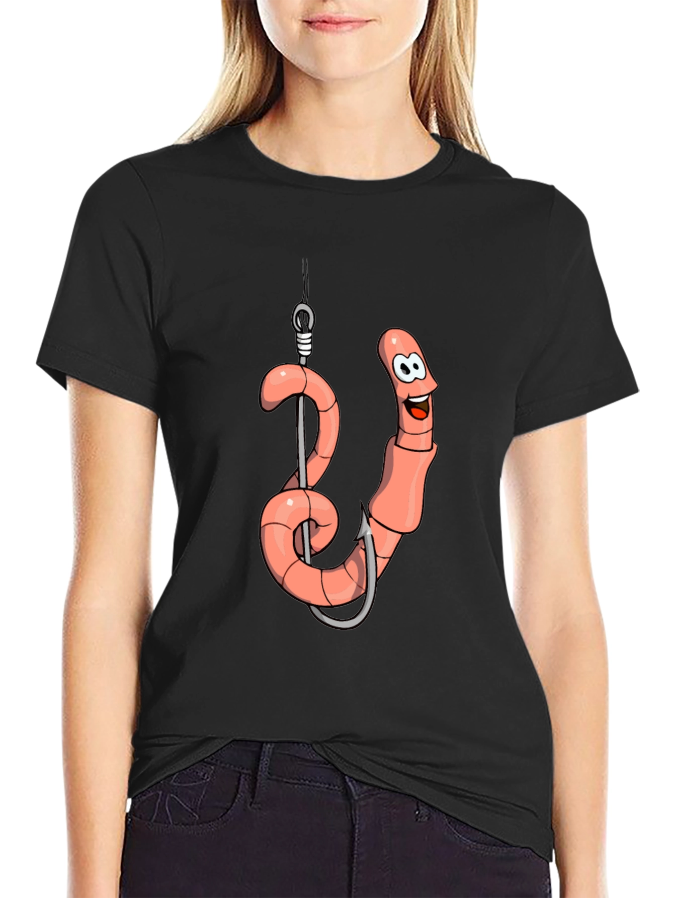 Funny Worm on Hook Black T-Shirt