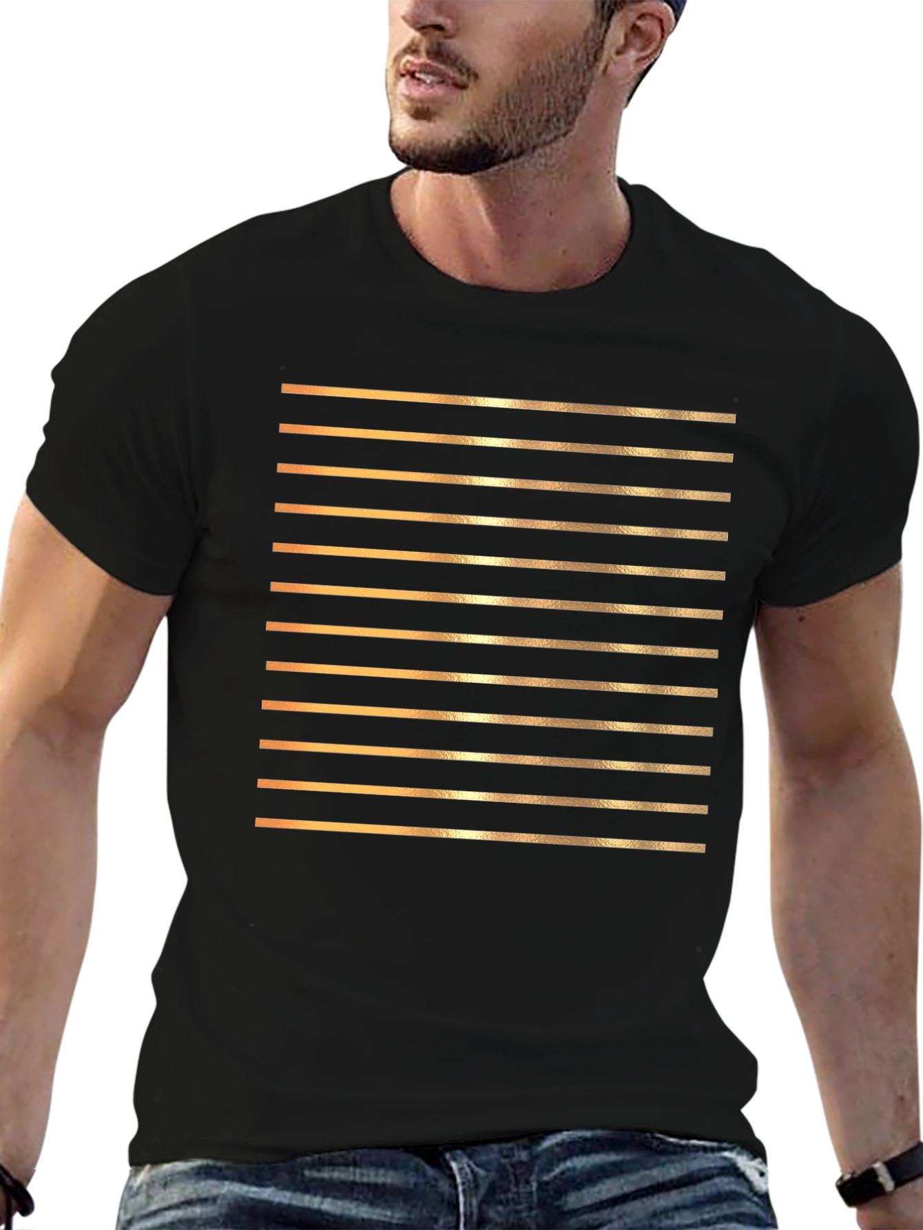 Striped Gold Line Graphic Tee - Black Cotton Shirt