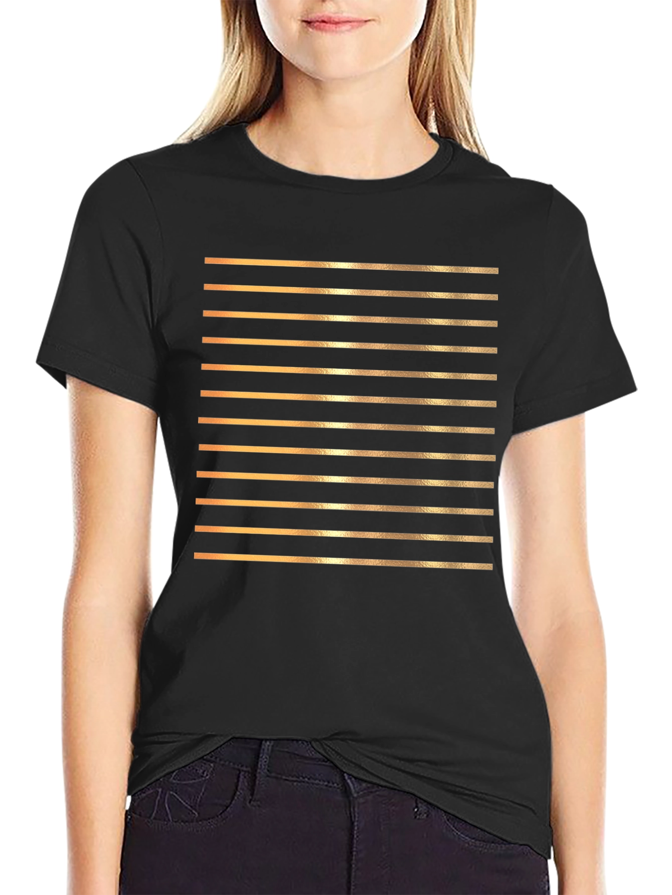 Striped Gold Line Graphic Tee - Black Cotton Shirt