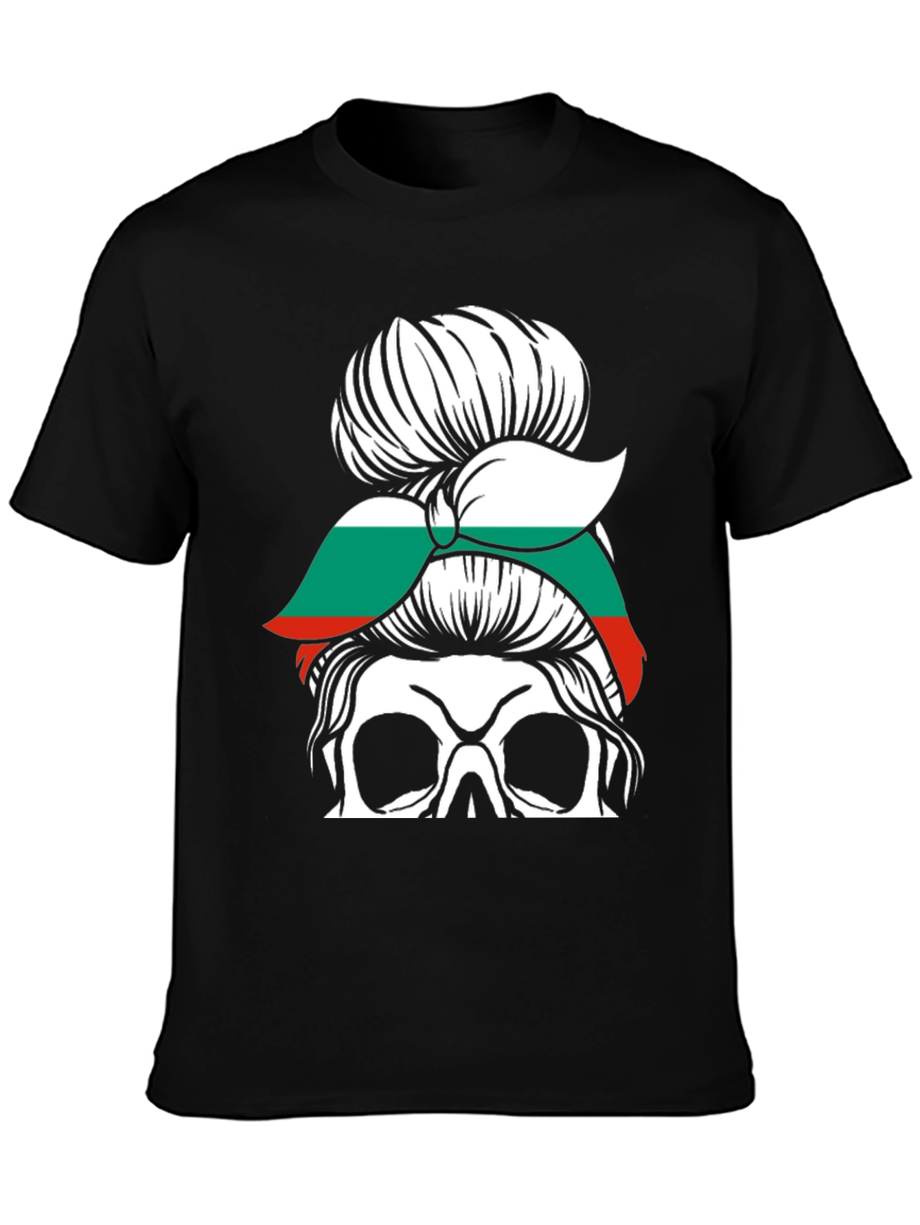 Bulgaria Flag Messy Bun Skull T-Shirt