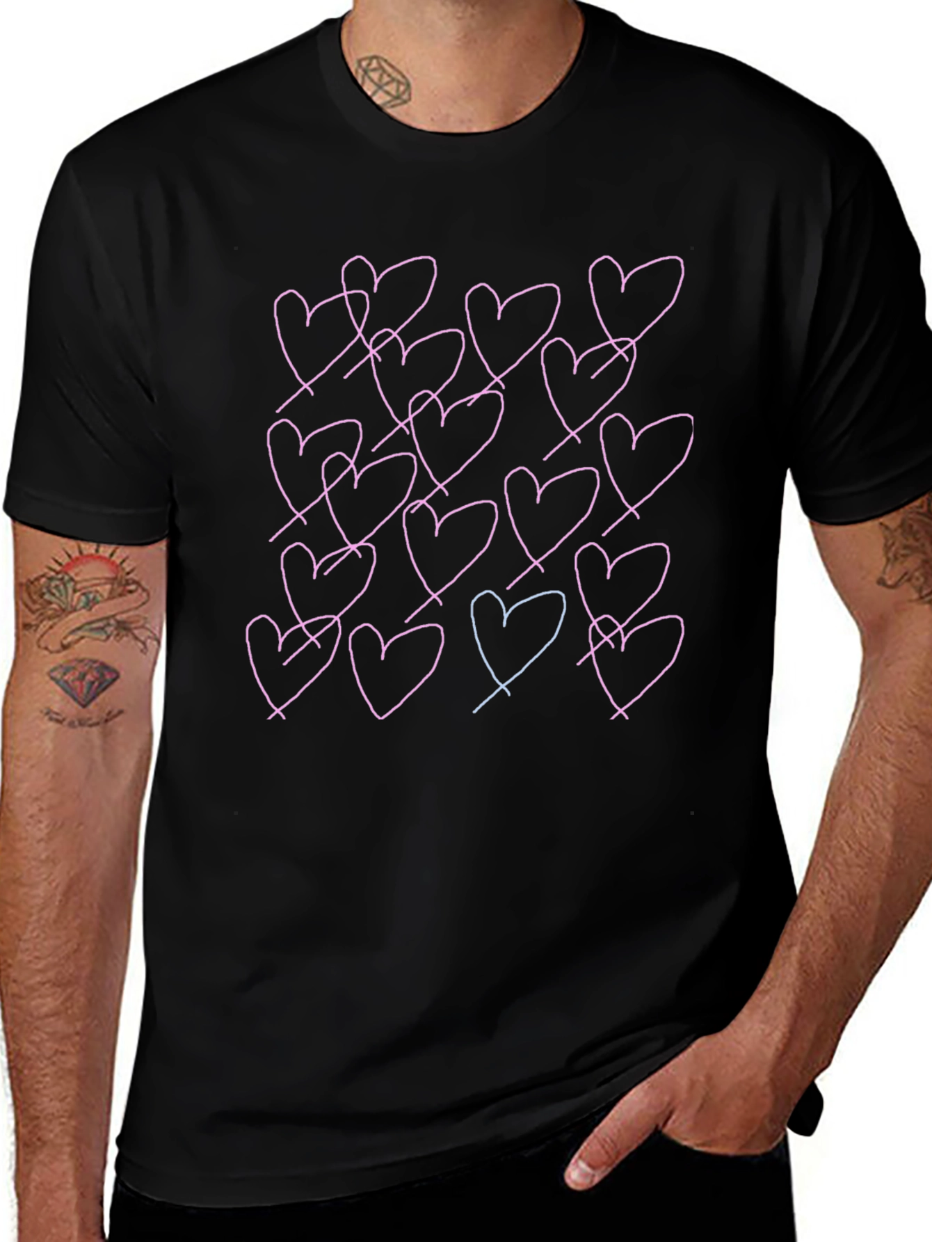 Heart Print Black T-Shirt - Casual Wear