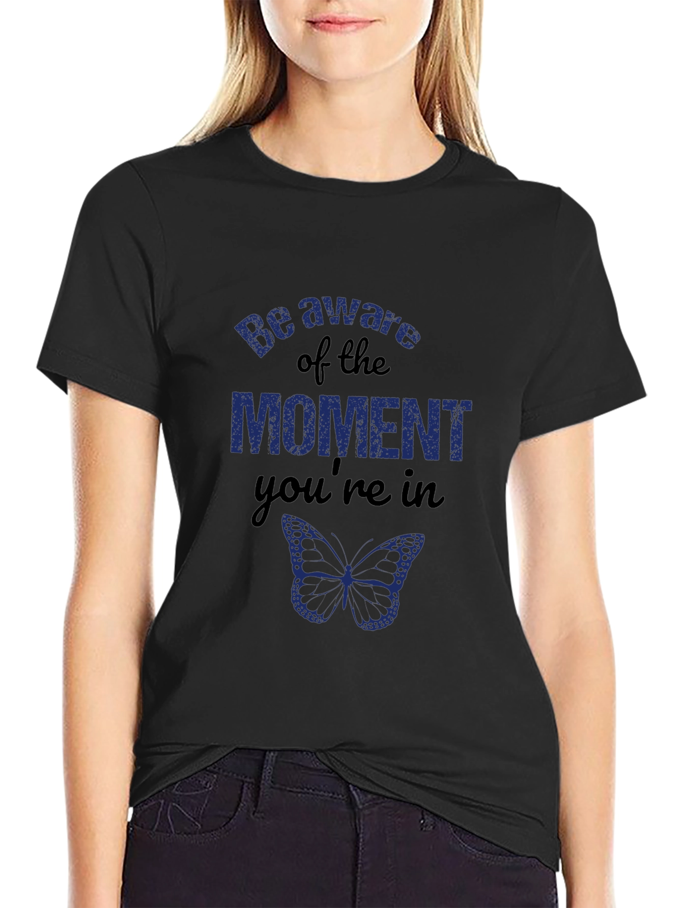 Mindful Moment Black Graphic Tee - Butterfly Design