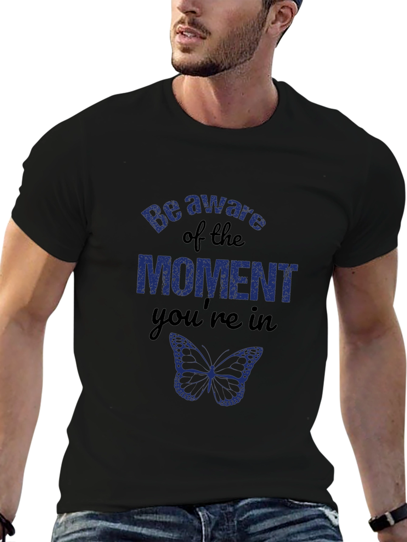 Mindful Moment Black Graphic Tee - Butterfly Design