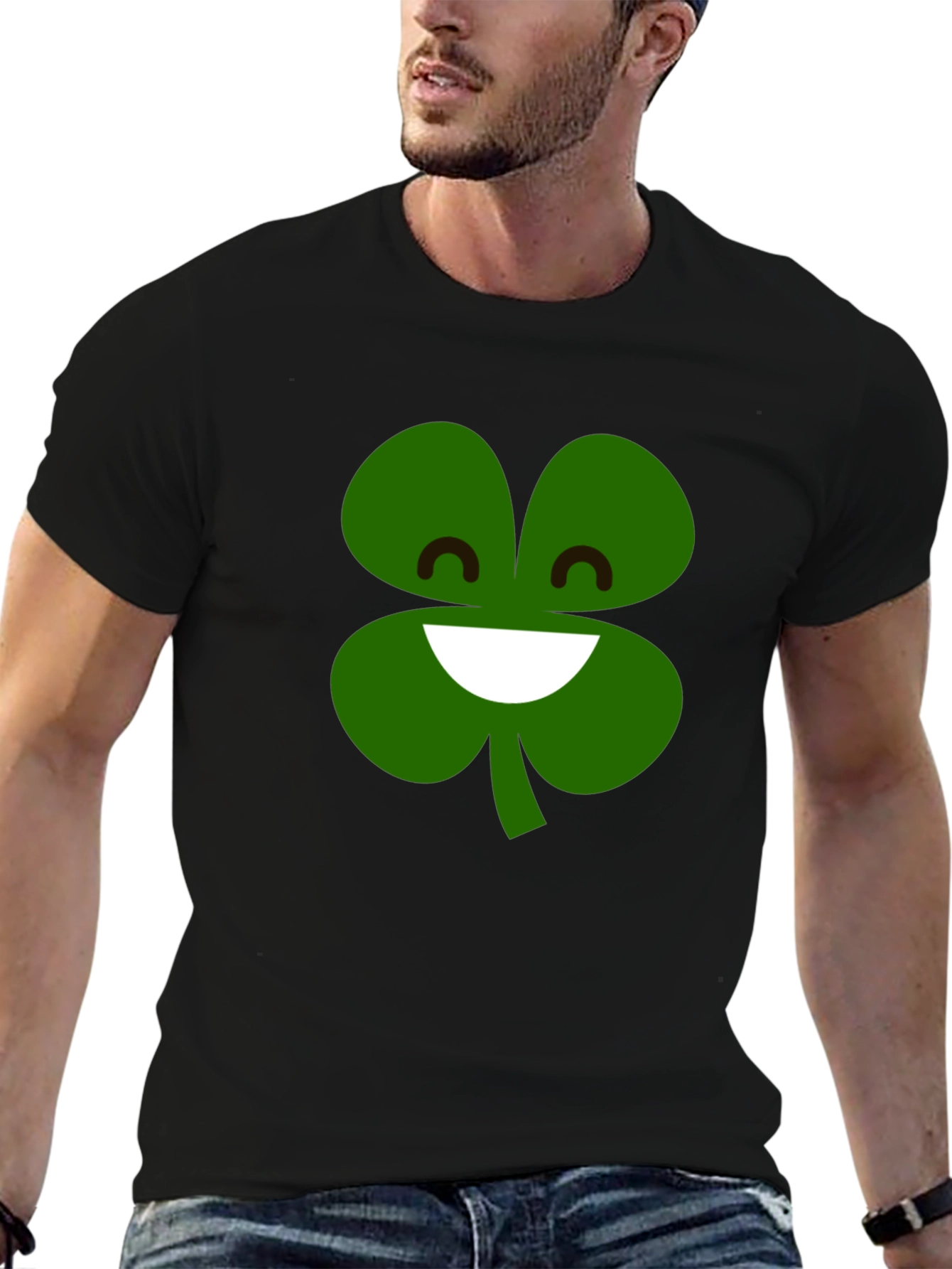 Lucky Clover Smiling Face T-Shirt - Black