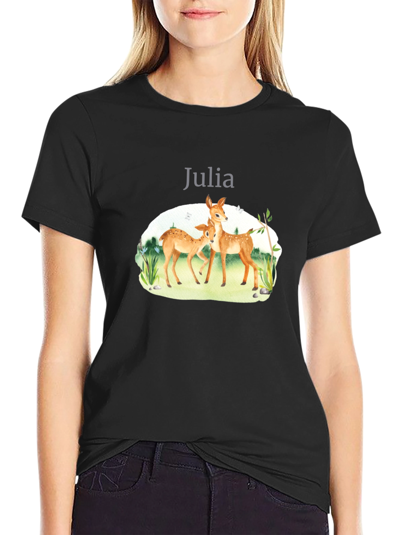 Deer Family Personalized Black T-Shirt
