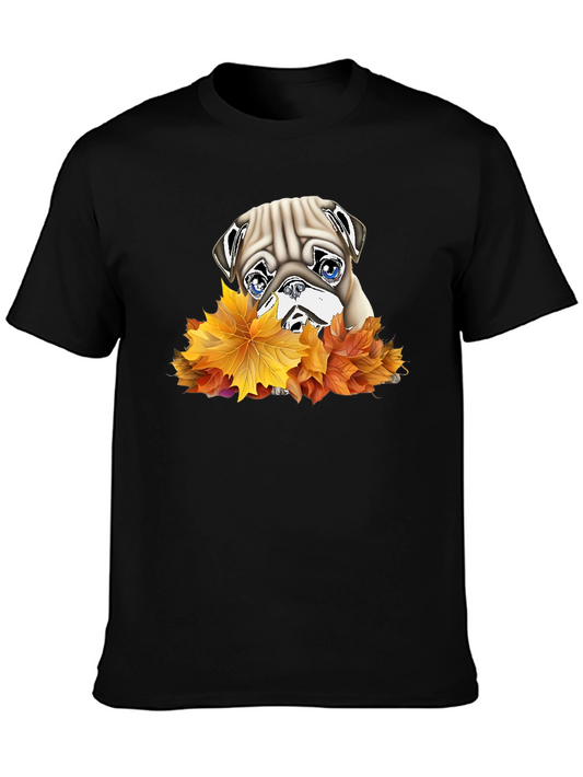 Pug in Leaves Graphic T-Shirt - Black