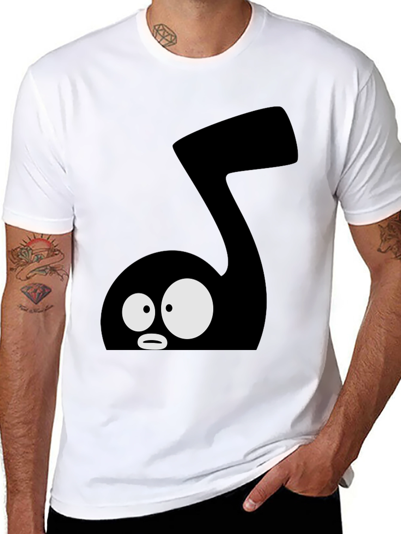 Cartoon Music Note Graphic Tee - Black Cotton T-Shirt