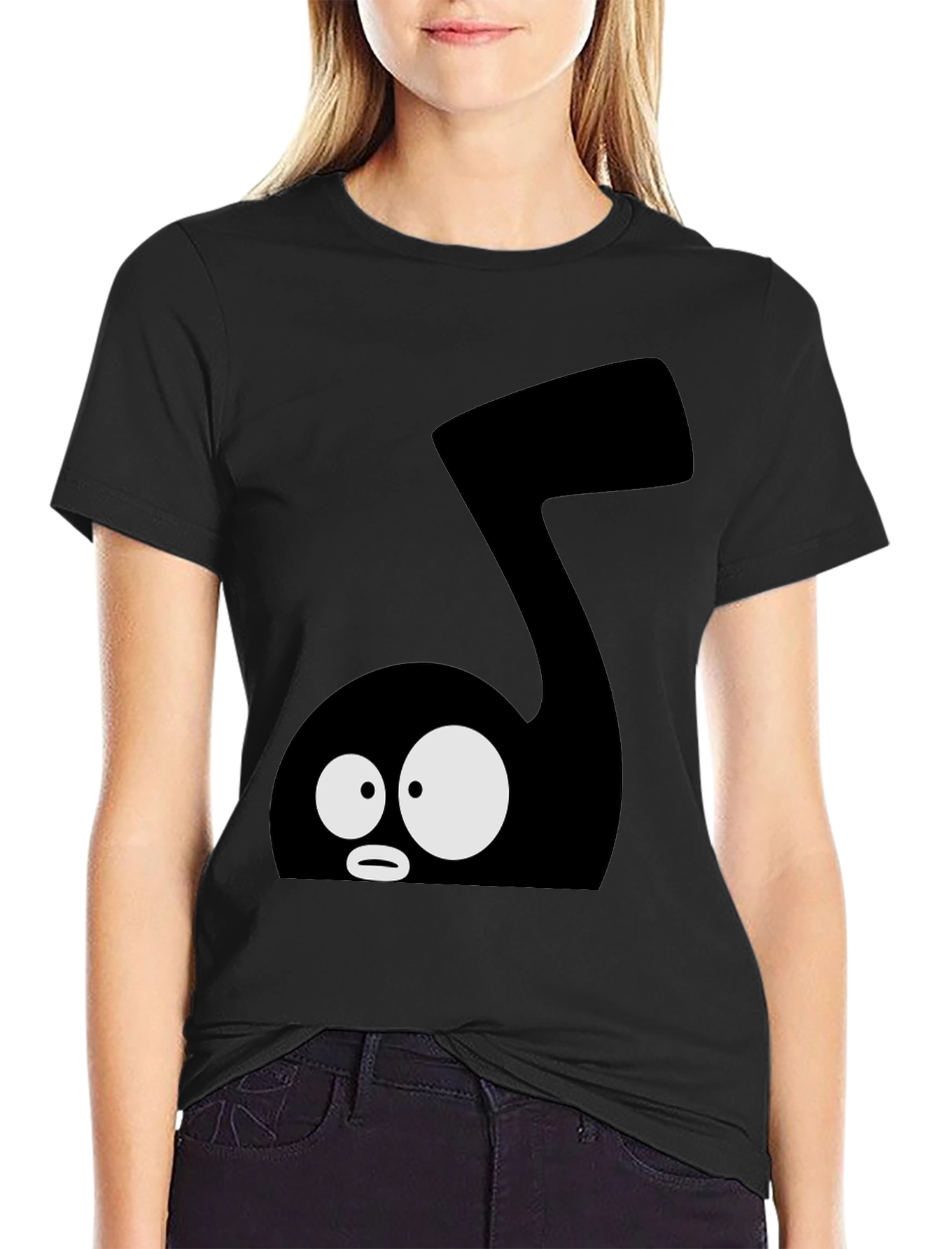 Cartoon Music Note Graphic Tee - Black Cotton T-Shirt