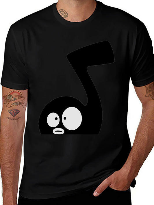 Cartoon Music Note Graphic Tee - Black Cotton T-Shirt