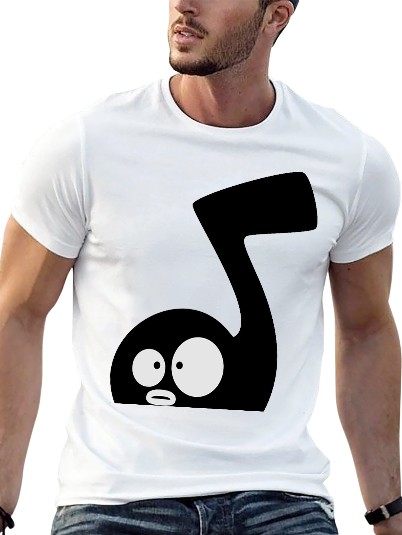 Cartoon Music Note Graphic Tee - Black Cotton T-Shirt