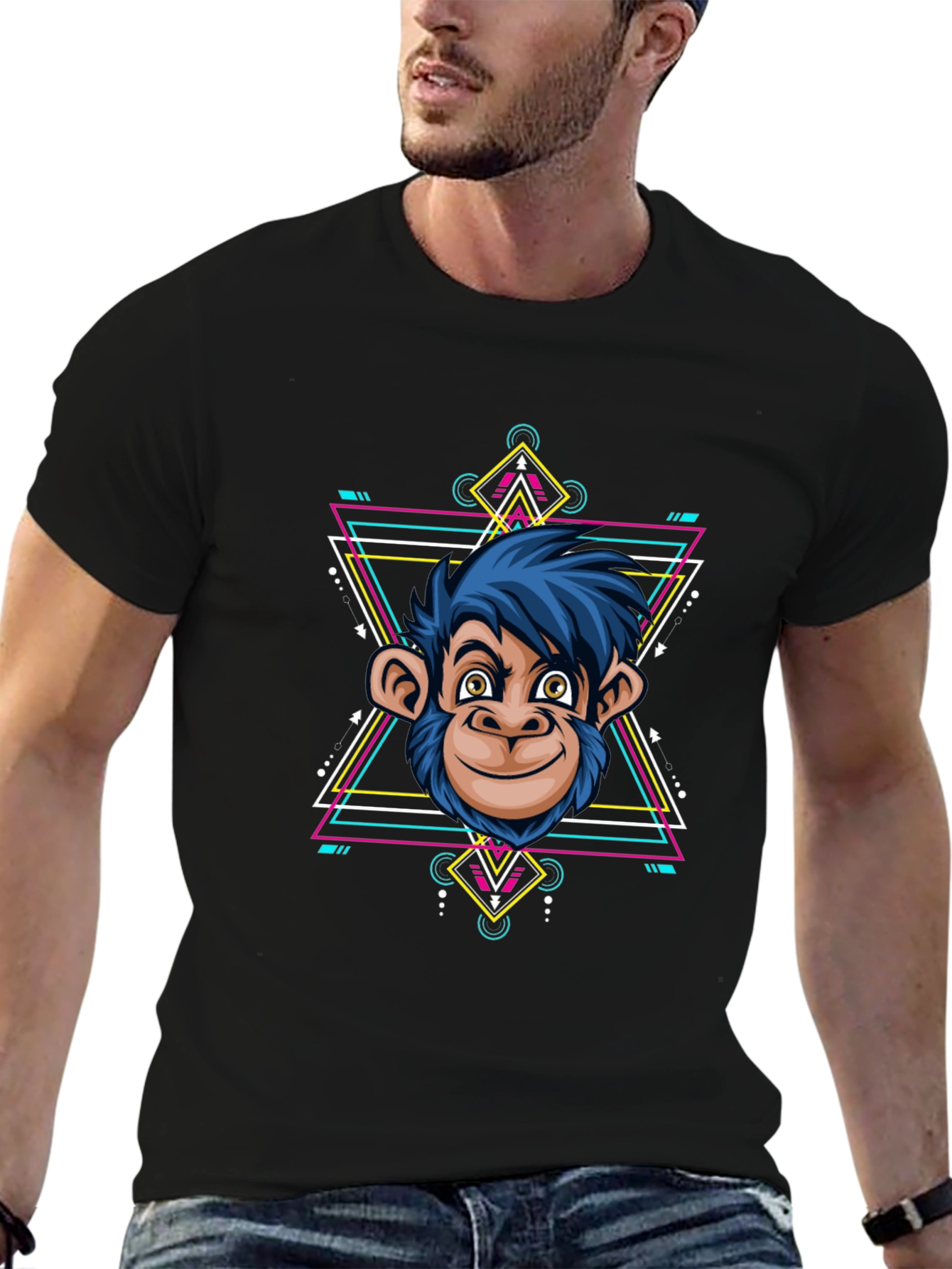 Geometric Monkey Graphic Tee - Cool Black Shirt