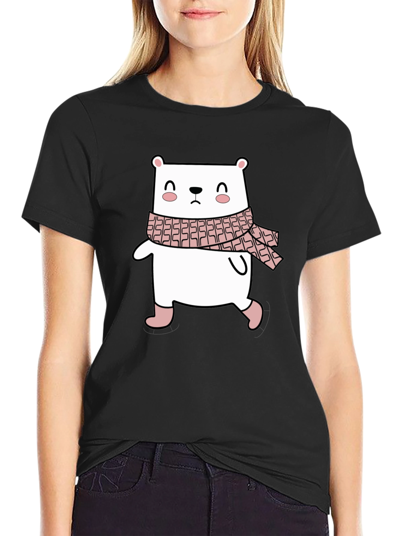Cute Bear with Scarf Black T-Shirt