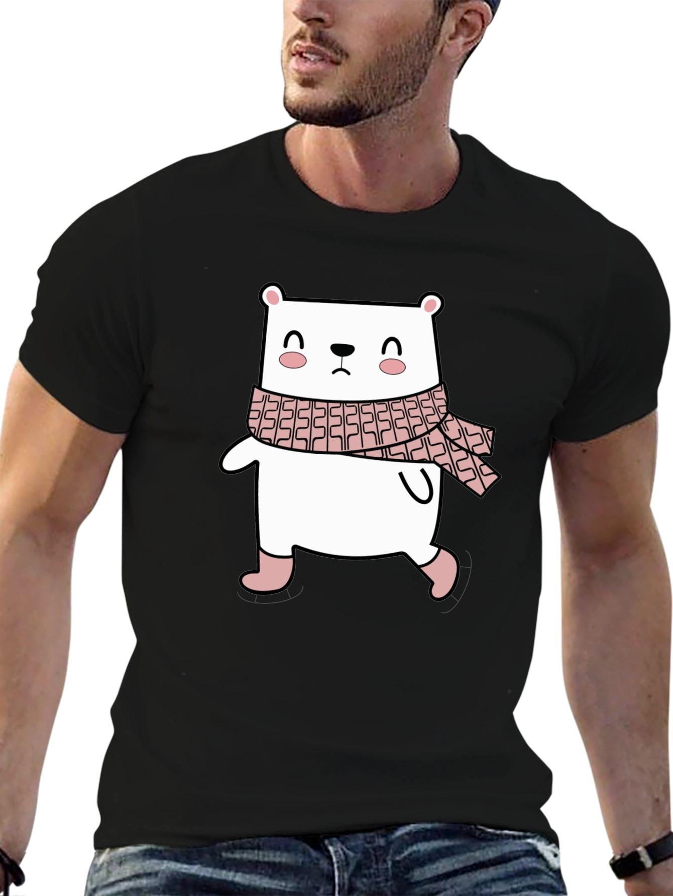 Cute Bear with Scarf Black T-Shirt