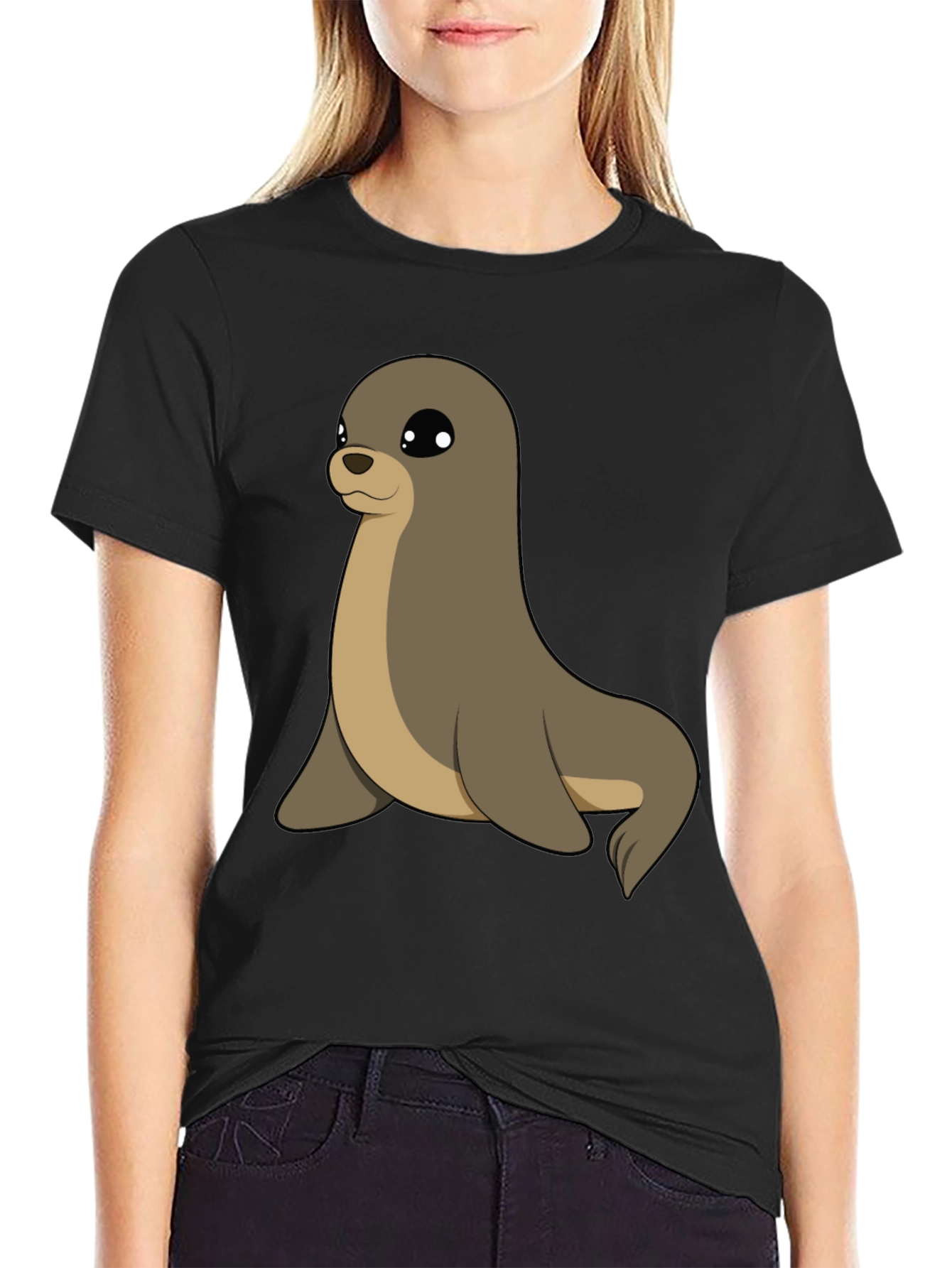 Cute Seal Graphic Tee - Casual Black T-Shirt