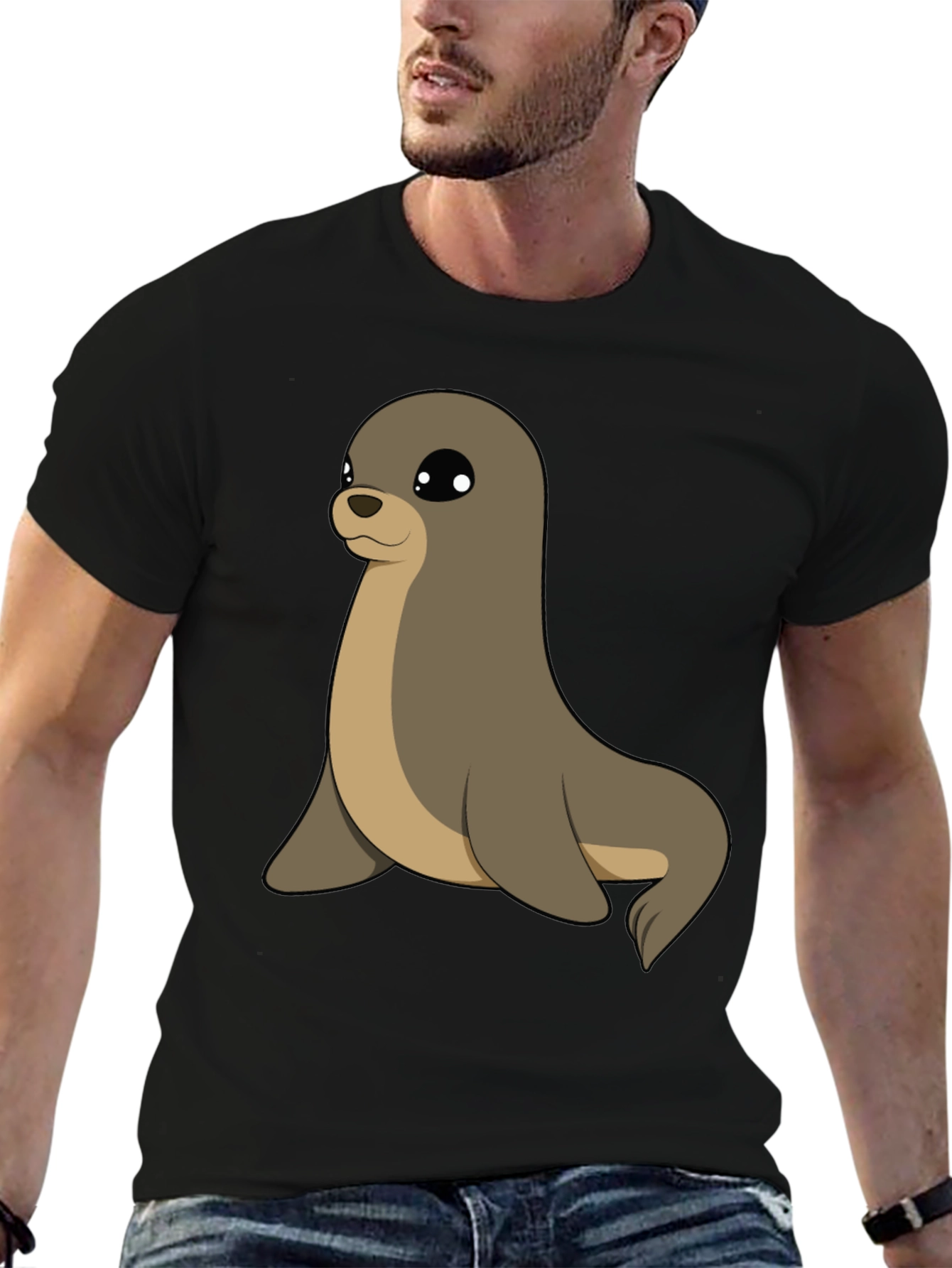 Cute Seal Graphic Tee - Casual Black T-Shirt