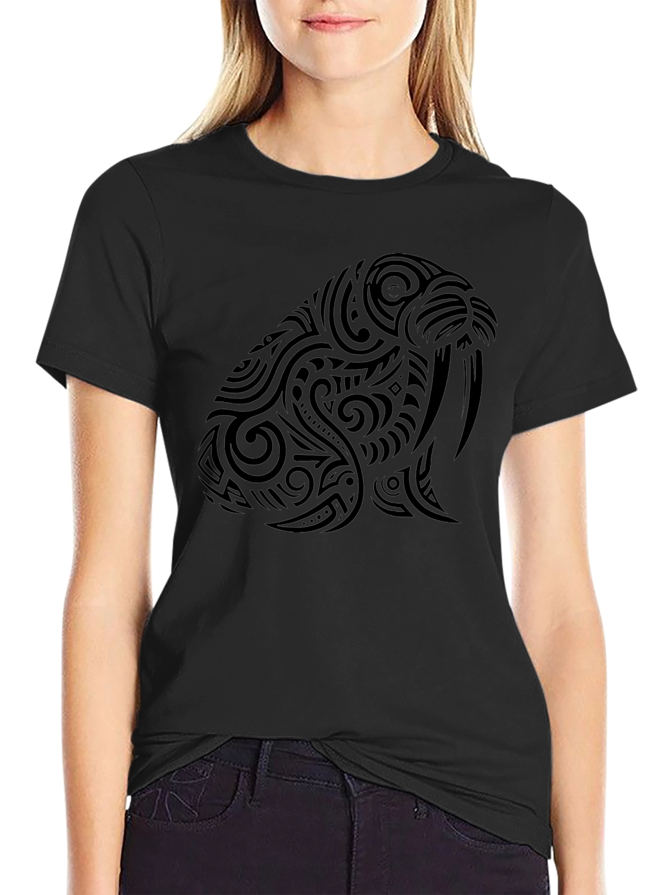 Tribal Walrus Graphic Tee - Black Cotton T-Shirt