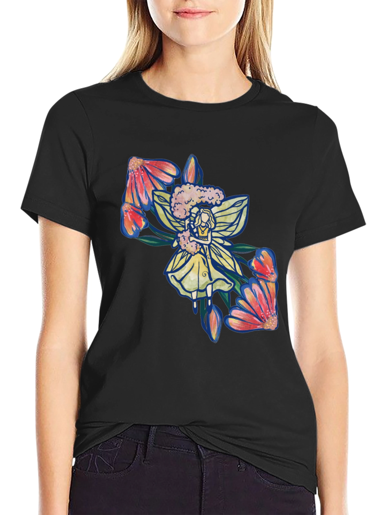 Floral Fairy Graphic Print Black T-Shirt