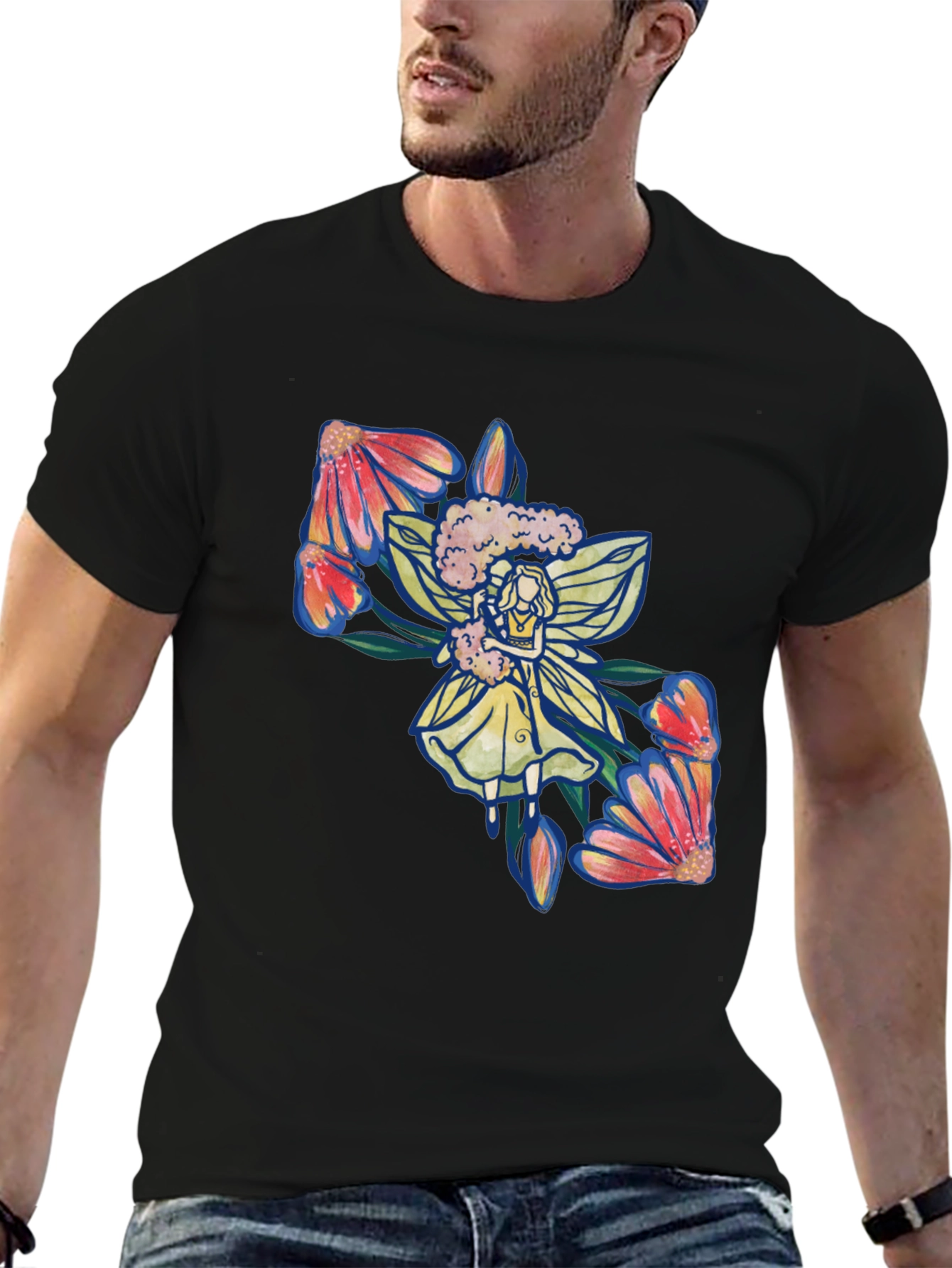 Floral Fairy Graphic Print Black T-Shirt