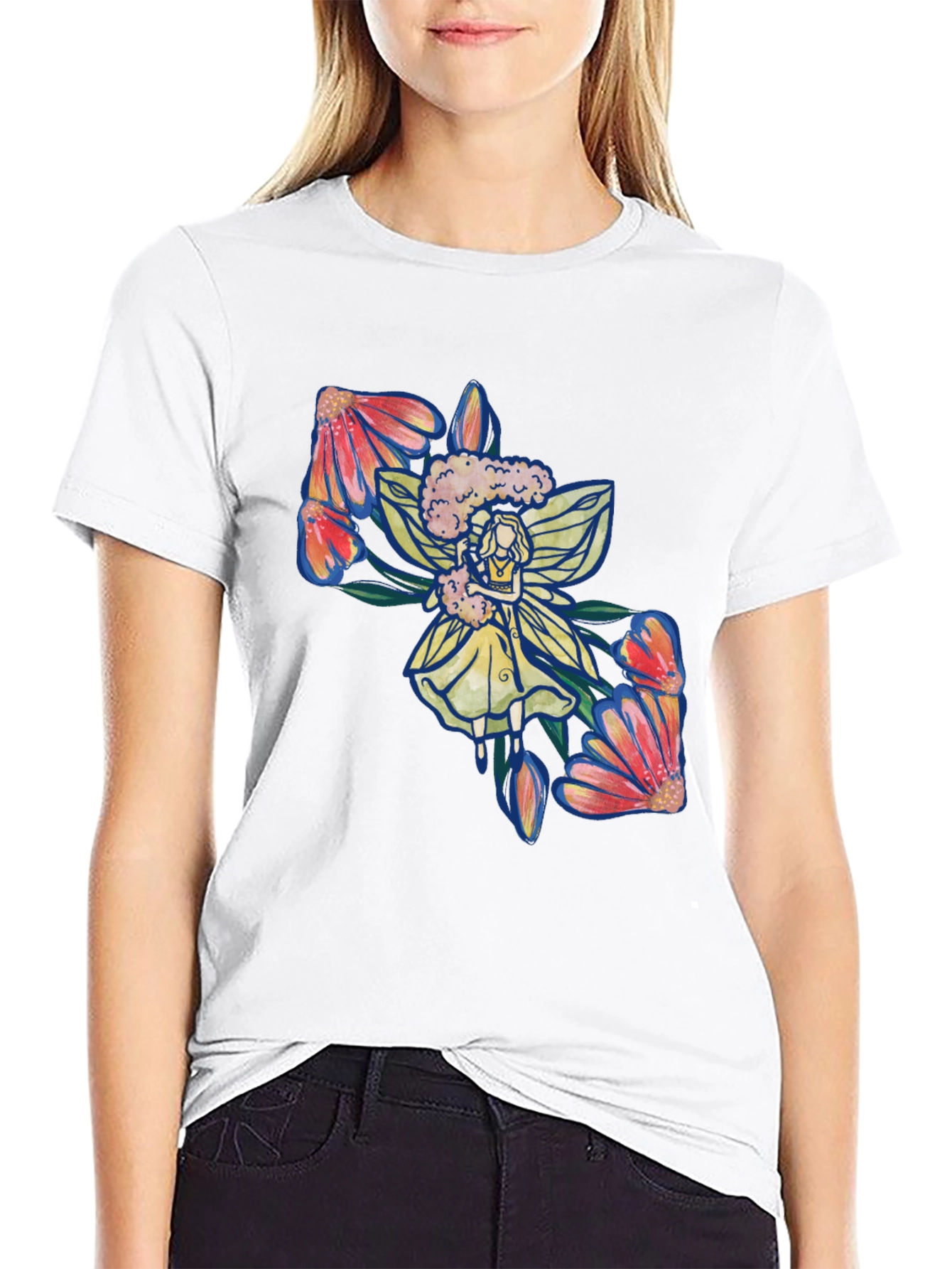 Floral Fairy Graphic Print Black T-Shirt