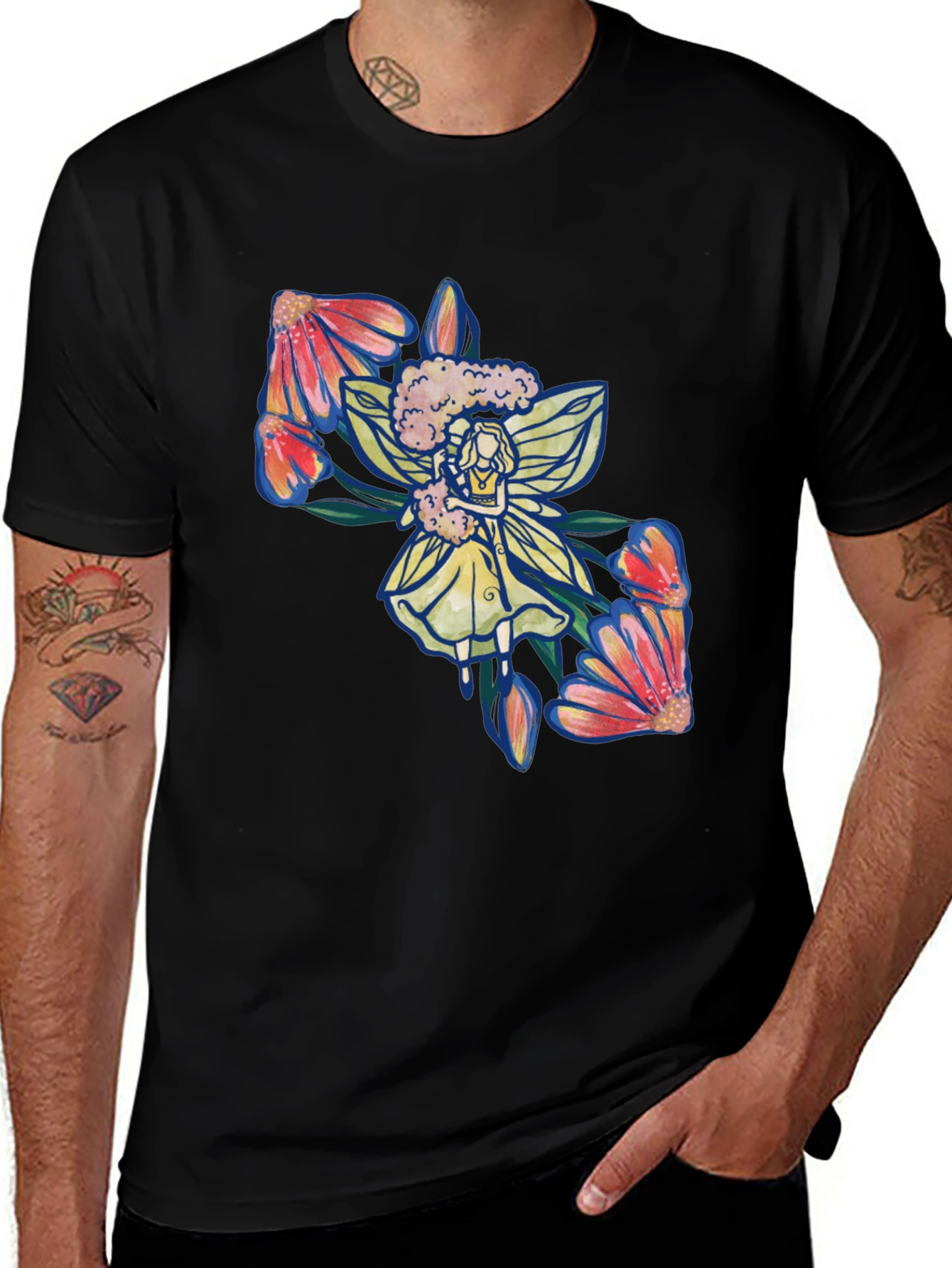 Floral Fairy Graphic Print Black T-Shirt