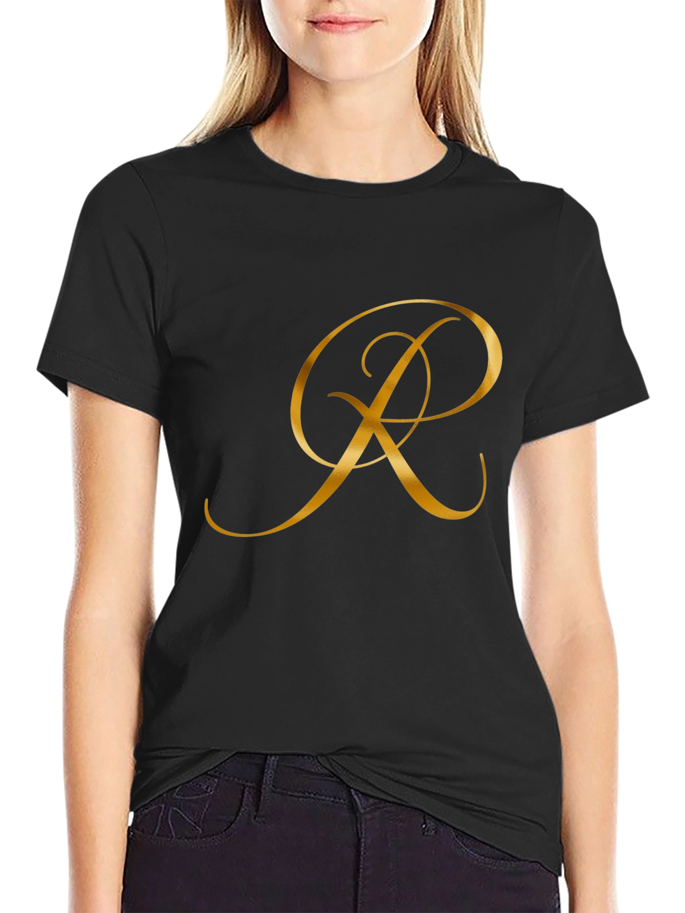 Elegant Initial R Black T-Shirt