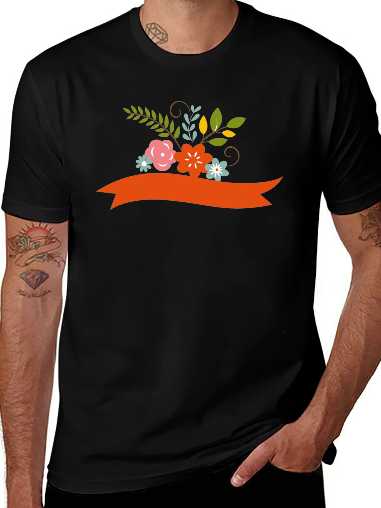 Floral Ribbon Graphic Tee - Black Cotton Blend