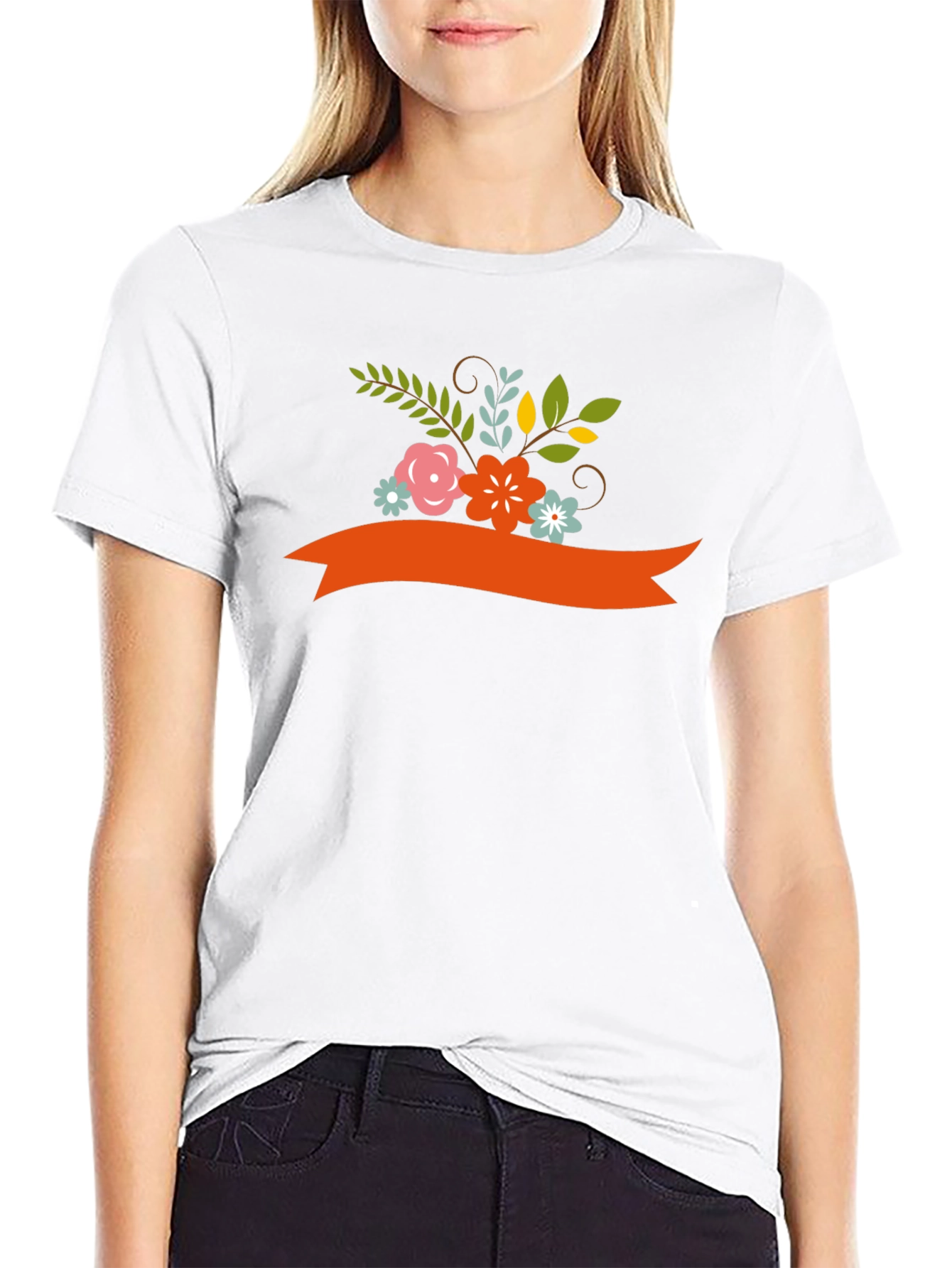 Floral Ribbon Graphic Tee - Black Cotton Blend