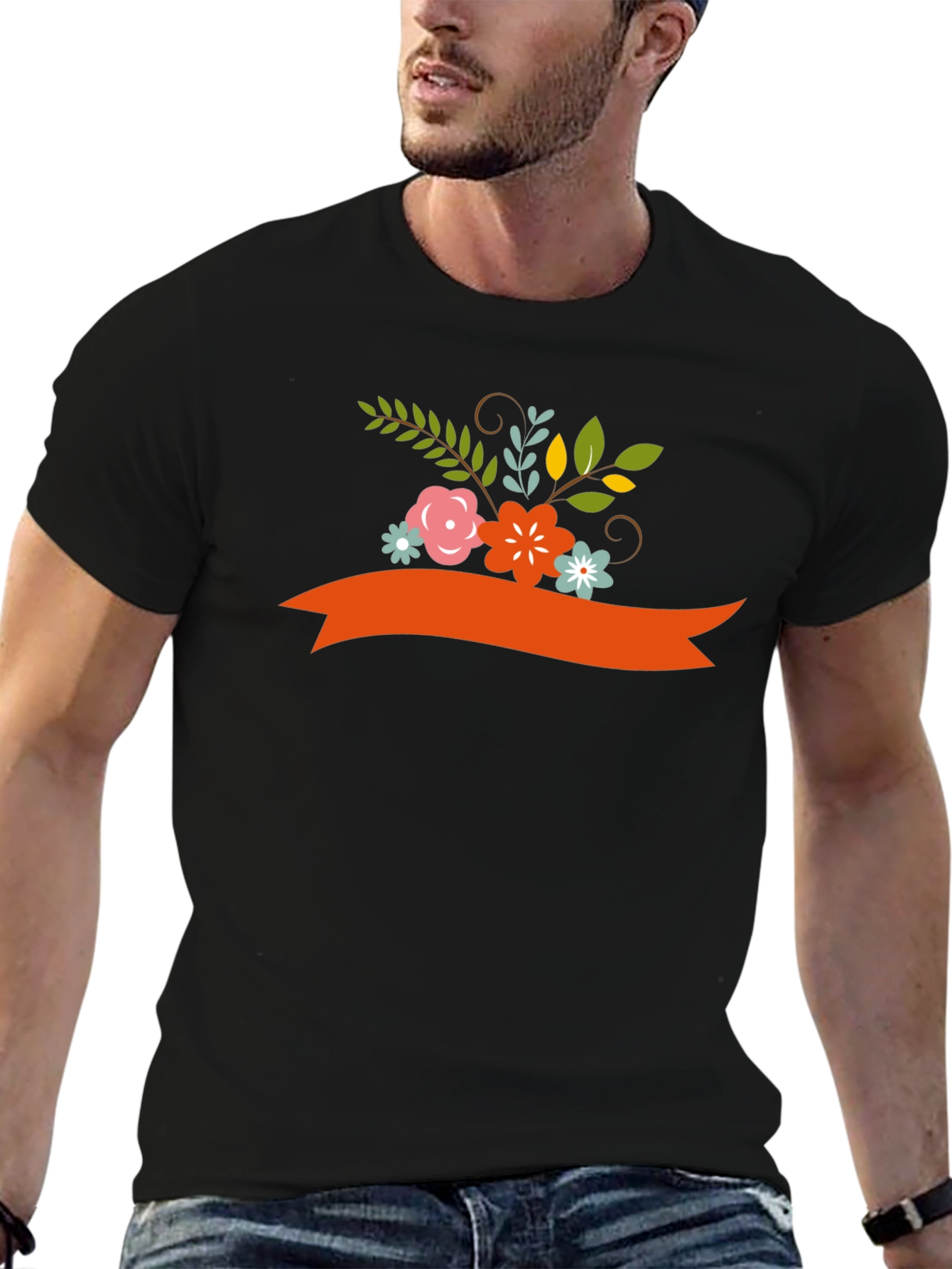 Floral Ribbon Graphic Tee - Black Cotton Blend