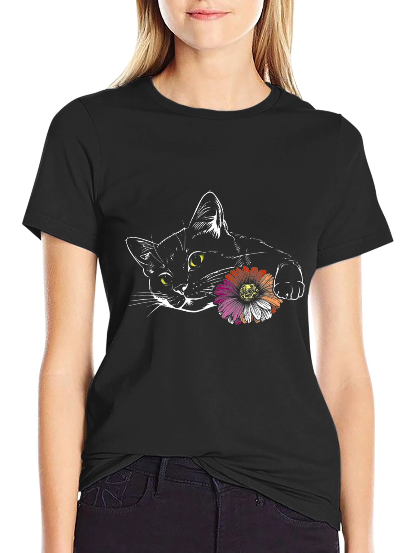Black Cat with Flower Graphic Tee