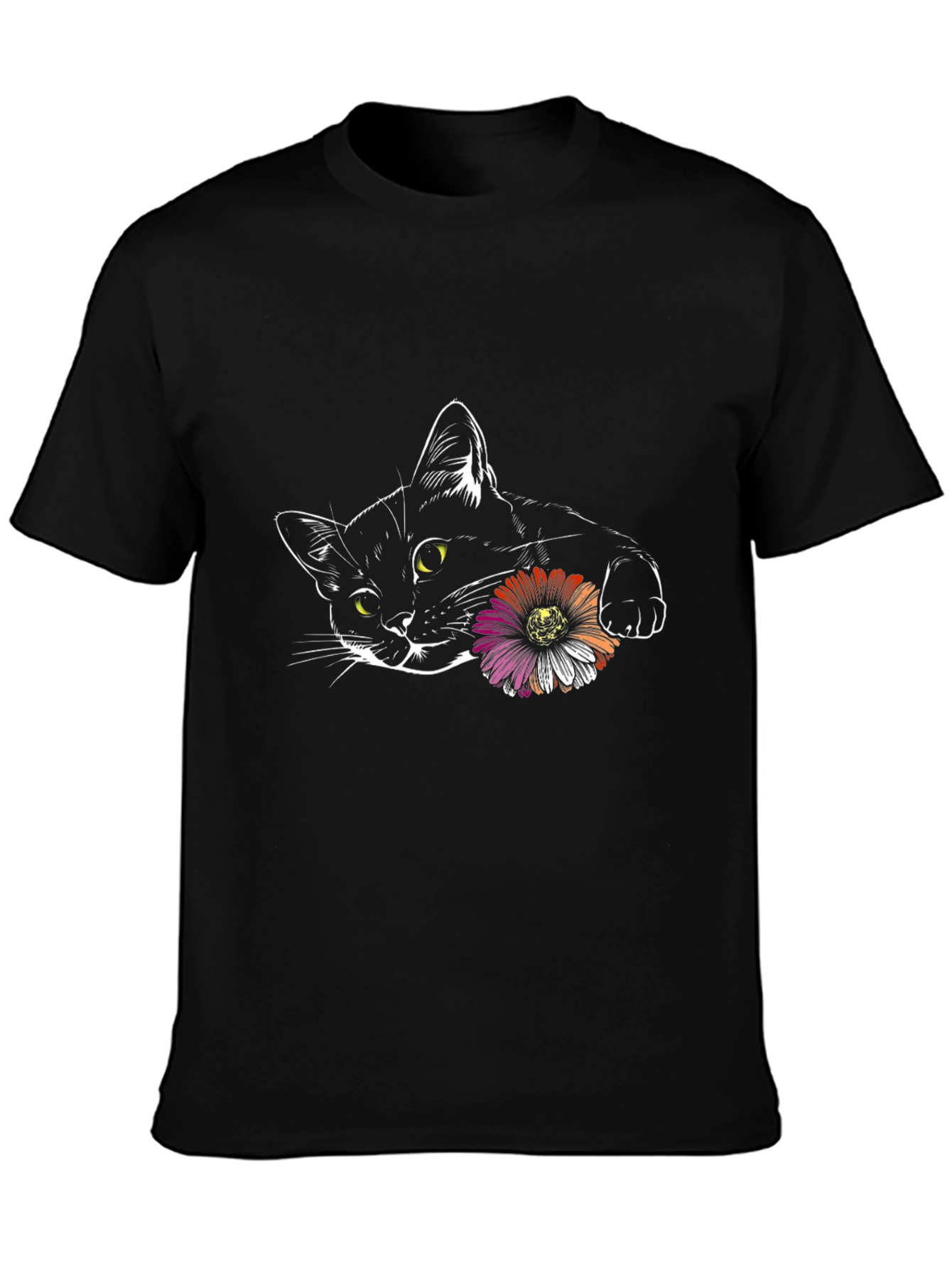 Black Cat with Flower Graphic Tee