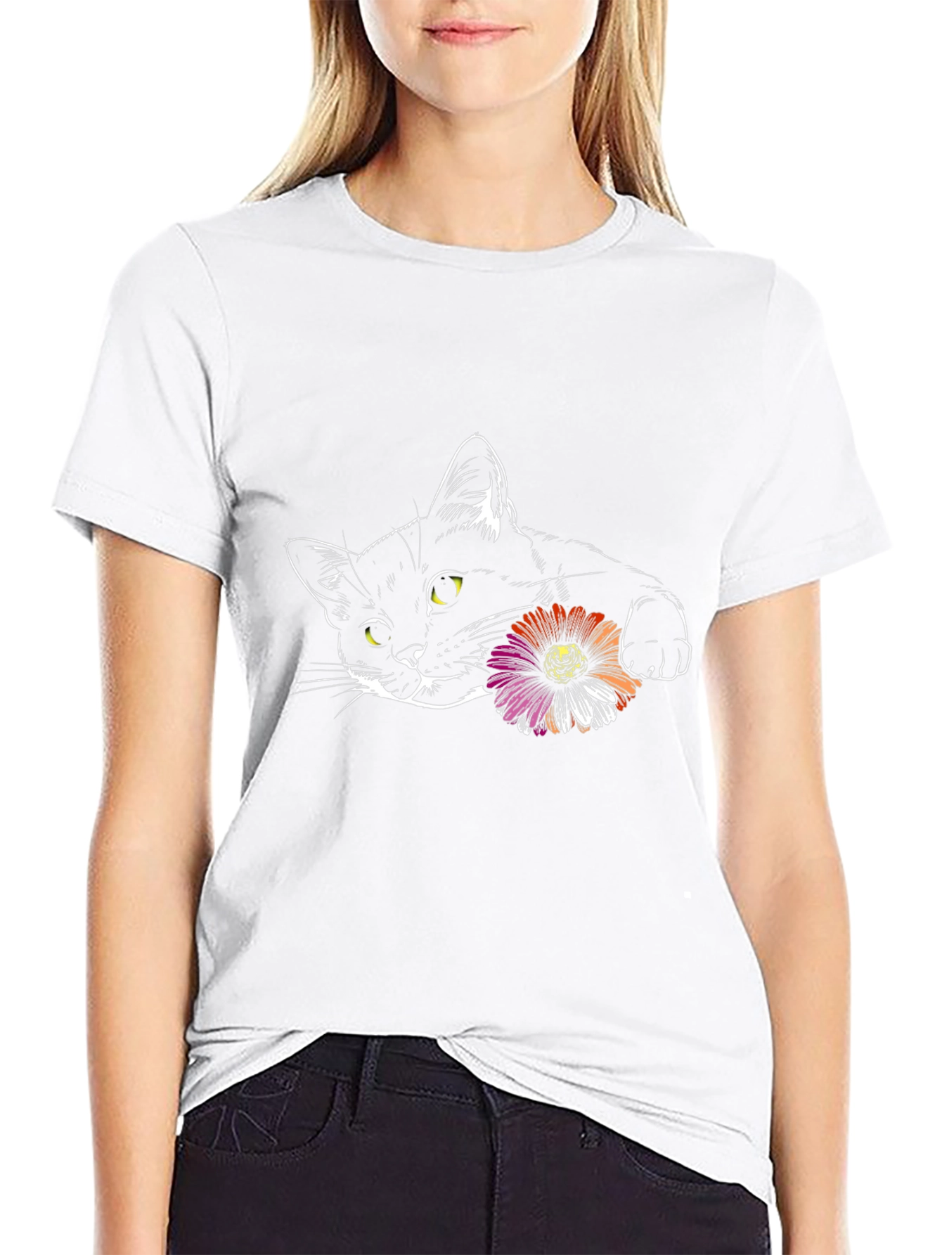 Black Cat with Flower Graphic Tee