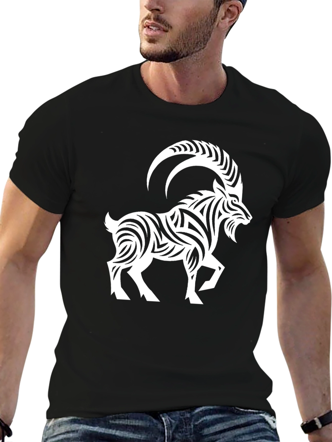 Tribal Goat Graphic Tee - Stylish Black T-Shirt